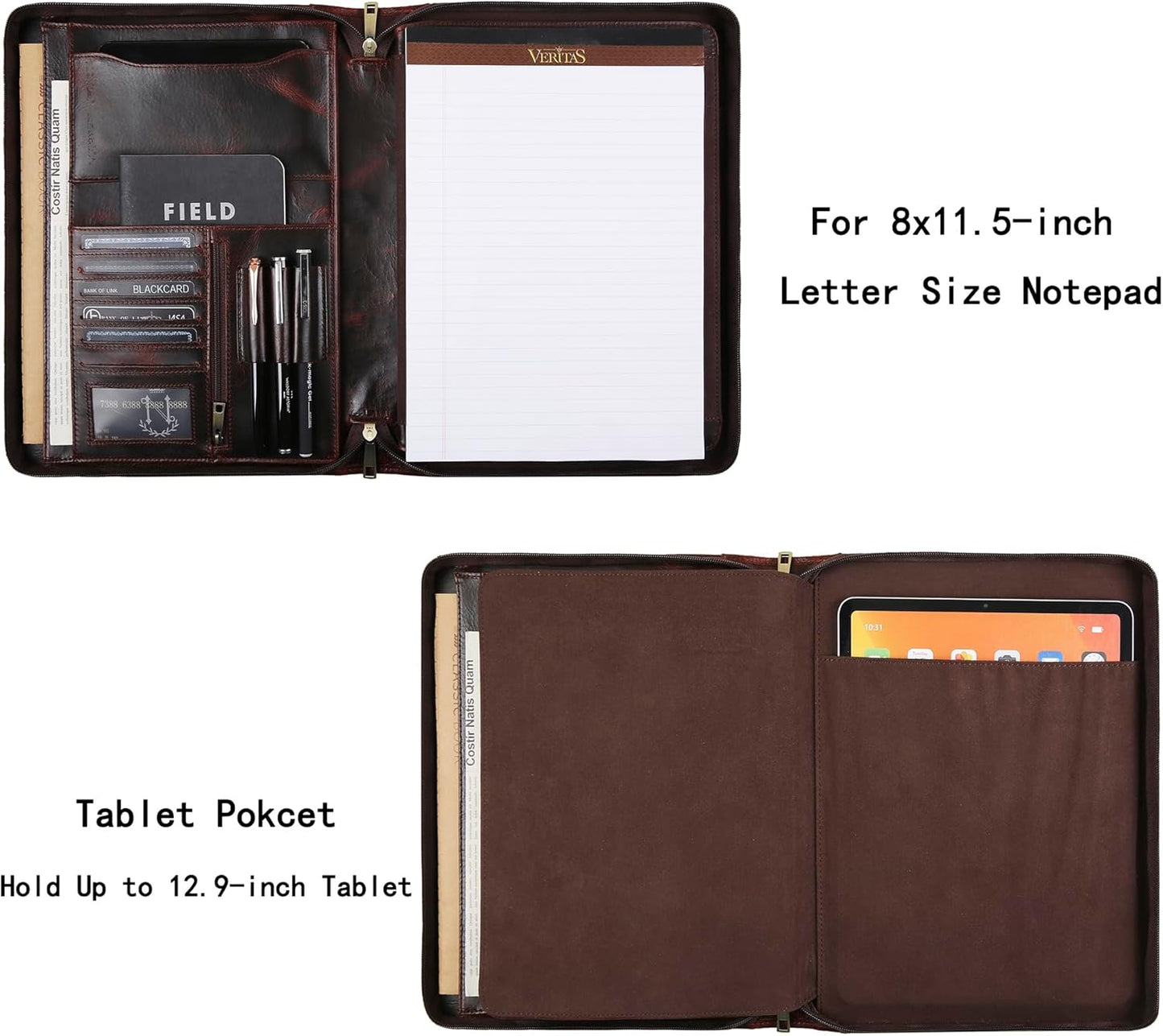 Handmade Genuine Leather Portfolio Organizer for IPad/Document, Business Padfolio with A4 Leather Notepad Holder, Leather Compact Folder Conference Portfolio for Men and Women, Red Brown