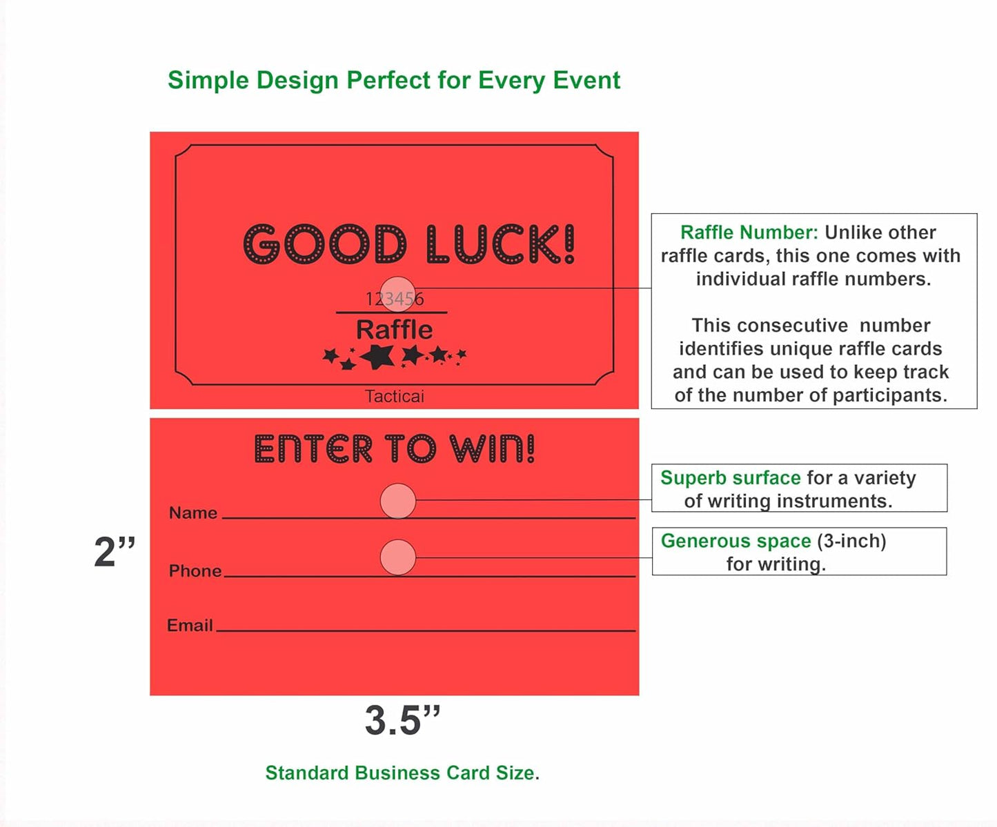 Tacticai 250 Raffle Tickets, Red (1 of 8 Colors), Raffle Cards, Entry Form with Name, Phone & Email for Events, Fundraiser & Prizes