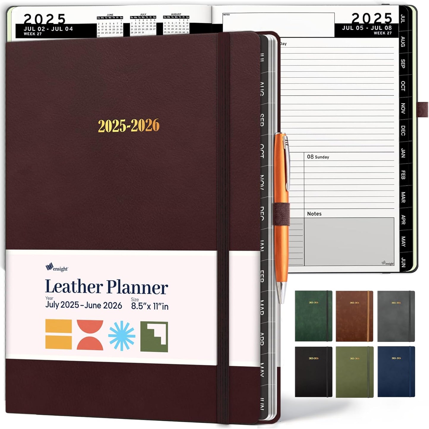Ensight 2025-2026 HARDCOVER Leather Planner Weekly & Monthly - 8.5x11 Inches - Academic Planner Business Personal or Student - Pen Holder, Thick Paper, July 2025 - June 2026 (Red)