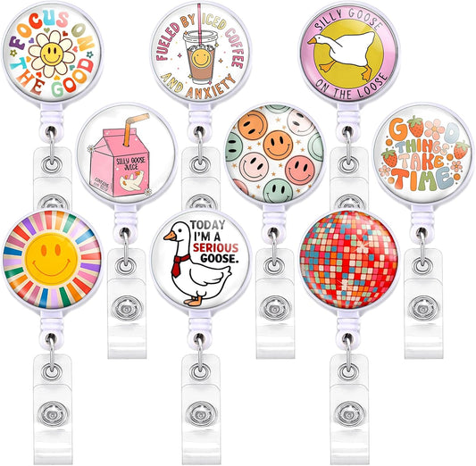 Coeufuedy 9 Pcs Funny Nurse Badge Reels Smiley Face Silly Goose Cute Nursing Badge Holders with Alligator Clip ID Name Card Badge Clip for Office Student Doctor Nurse Medical Work Supplies