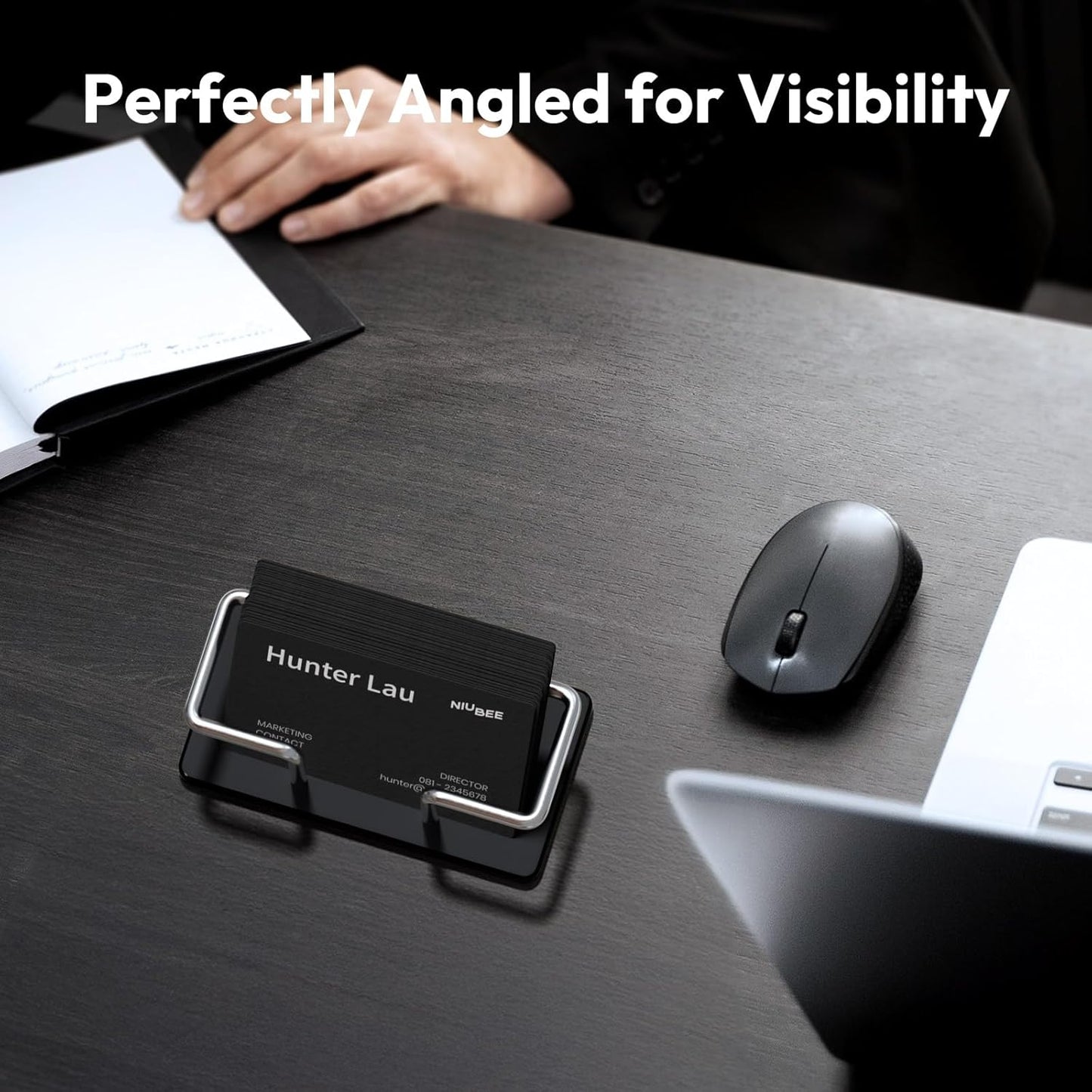 NIUBEE Acrylic Business Card Holder: Metal Business Card Display Stand for Desk - Frosted Name Card Organizer for Office, Reception, Desktop (Silver) - 2pack