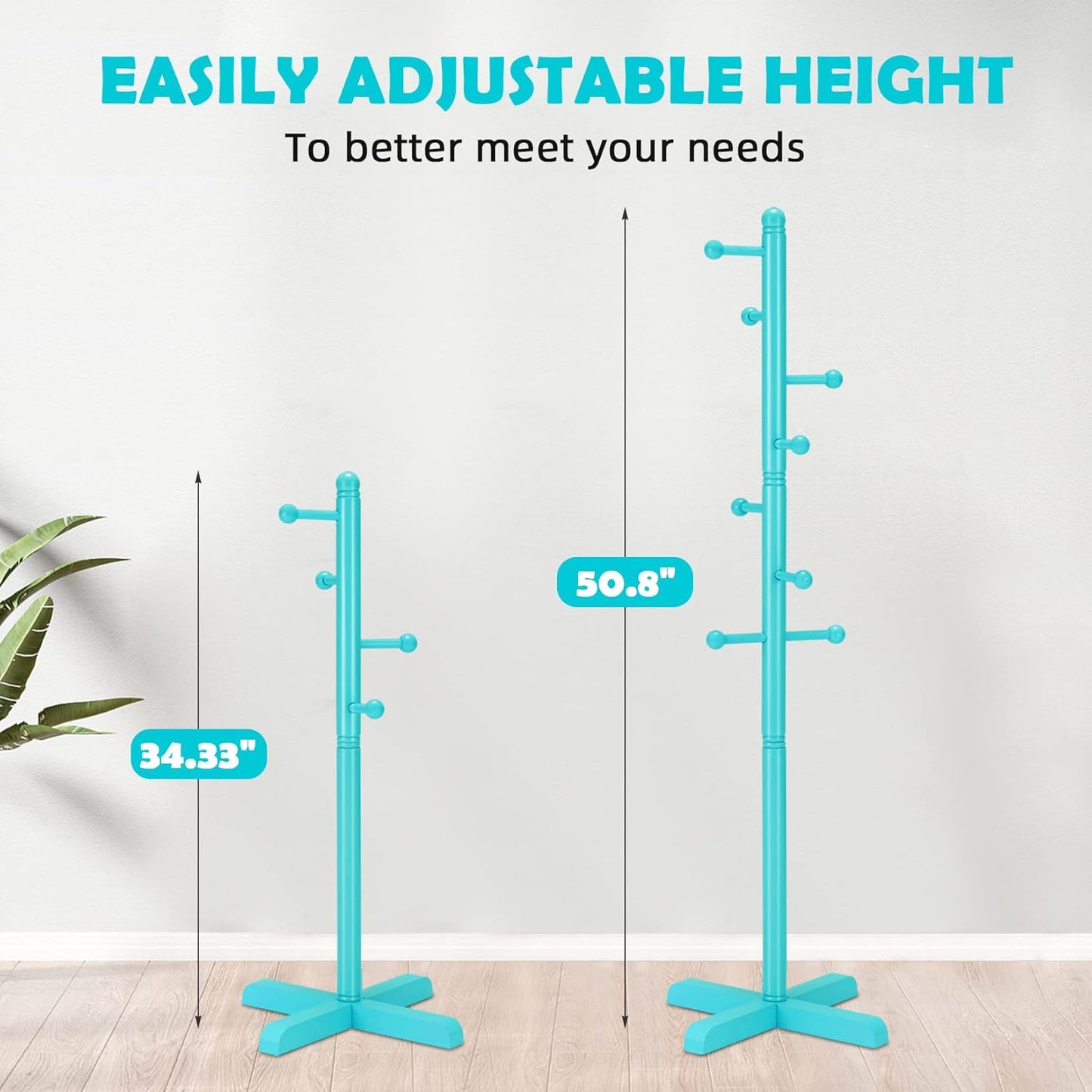 Kids Coat Rack, Freestanding Coat Racks with 8 Hooks 2 Adjustable Height, Tree Coat Rack for Bedroom, Hallway, Entrance, Office, Hats, Handbags,Purse (Blue)