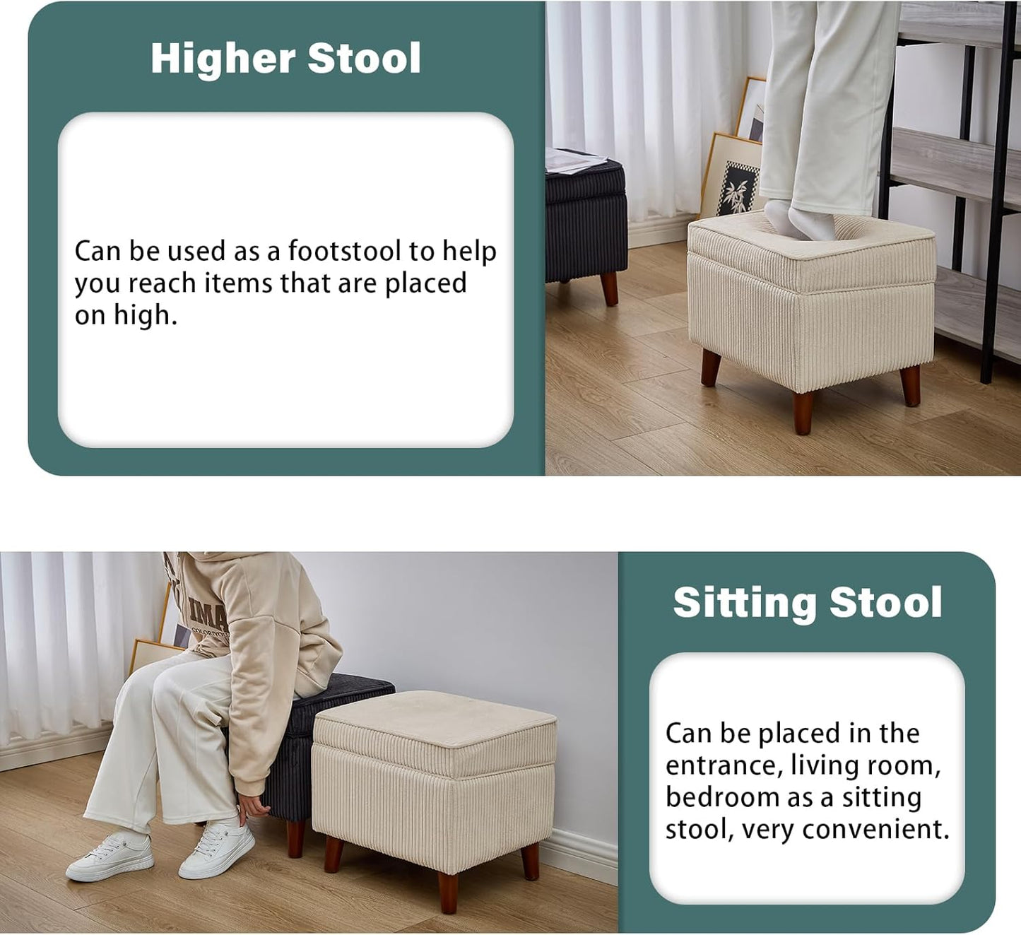 Storage Ottoman with Adjustable Lid, Soft Step Stool, Footrest and Seat, Ottoman Foot Rest for Living Room, Bedroom, Dorm, Beige