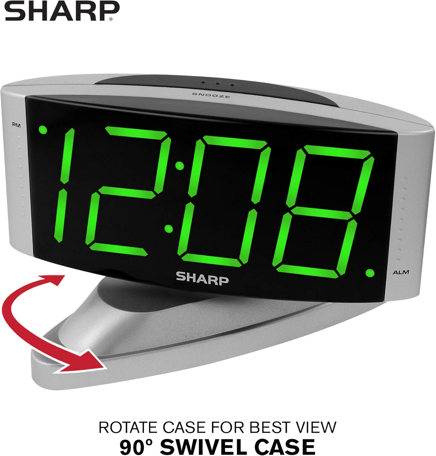 Sharp Home LED Digital Alarm Clock – Swivel Base - Outlet Powered, Simple Operation, Alarm, Snooze, Brightness Dimmer, Big Green Digit Display, Silver Case