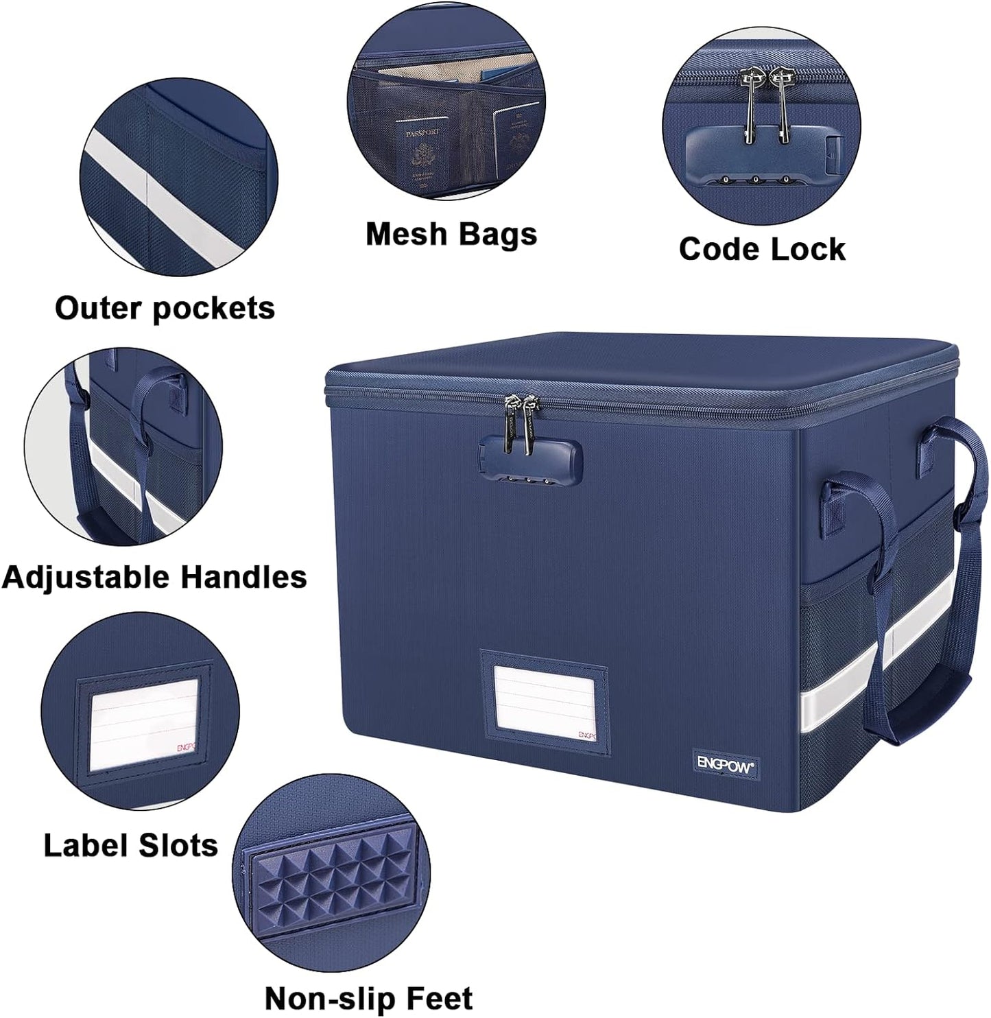 ENGPOW File Box with Lock, Fireproof Document Box with Pockets, Collapsible File Organizer Filing Storage Cabinet with Handle, Portable Home Office Safe for Hanging Letter/Legal Folders, Blue, 2 Pack