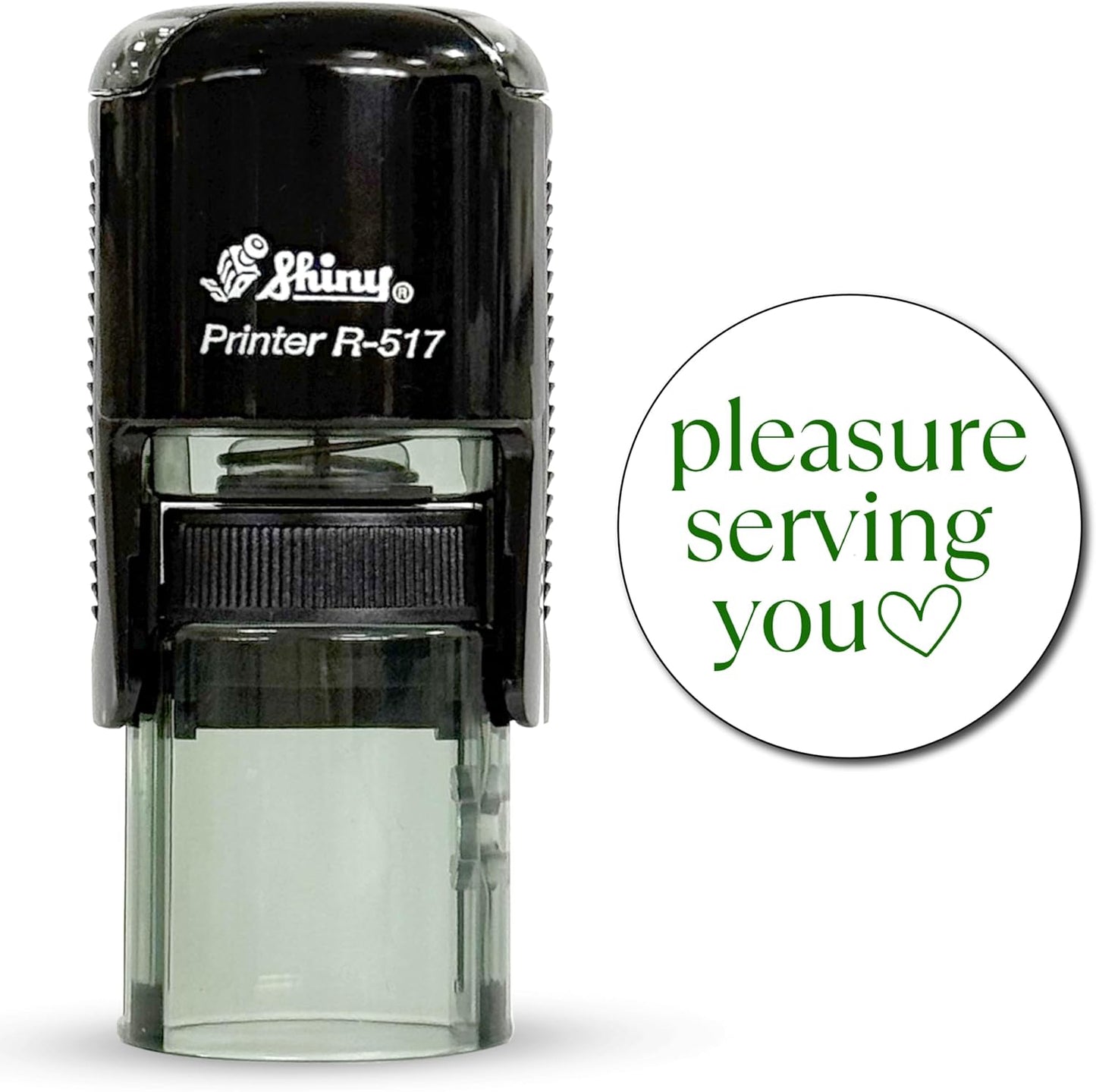 Shiny Pleasure Serving You Stamp, Round Self Inking Stamp for Office and Retail, Green Ink