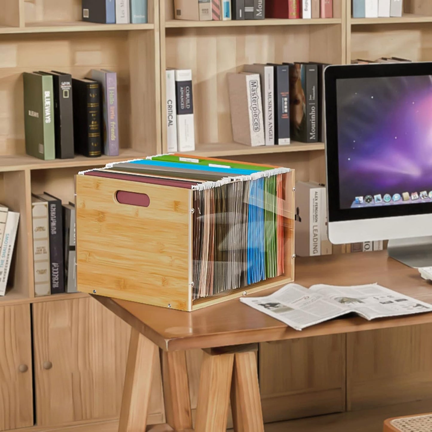 Letter/Legal Bamboo Acrylic File Box Organizer, Hanging File Folder Storage Boxes, Decorative Document Crate Transparent Filing Bin with Handle for Home Office Desk