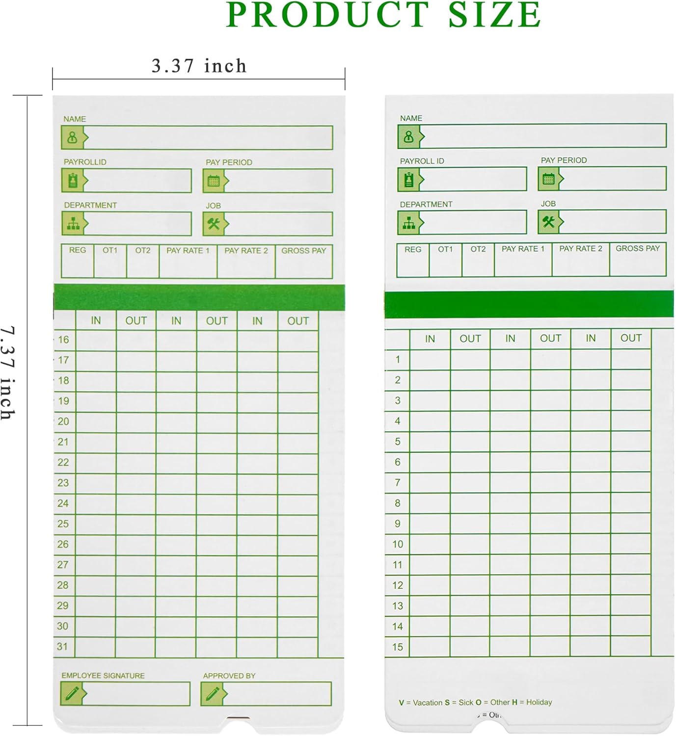 Zzrywuty All Pay Periods, 100 Count Time Cards for Hn3000, 2-Sided, 3 3/8" x 7 3/8", Green