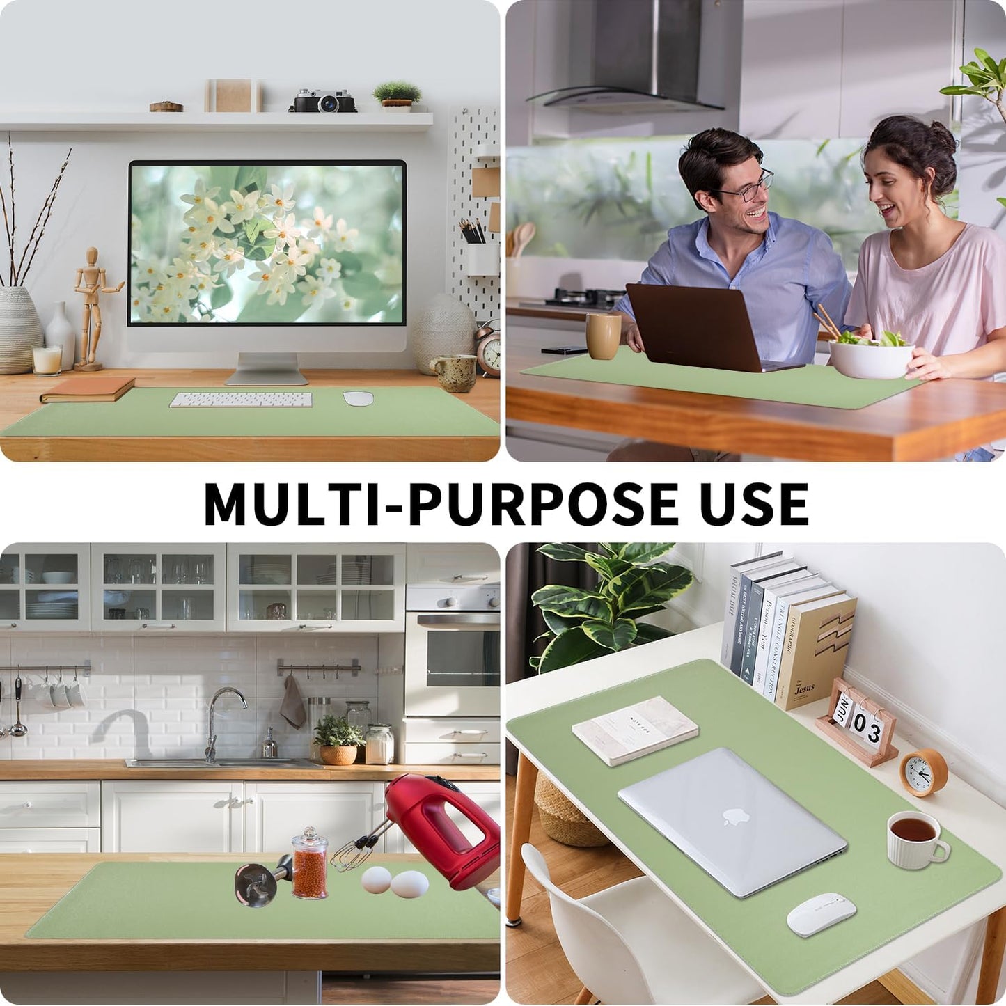 Light Green Desk Mat with Stitched Edges, Large Mouse Pad, Non-Slip Desk Protector Mat, Leather Desk Blotter, Waterproof Desk Pad for Office Home Decor(31.5×15.7 Inches)