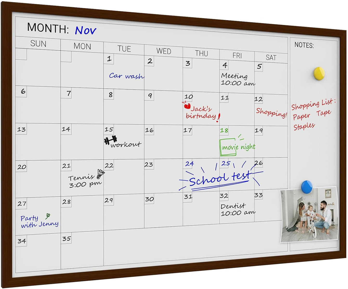 Comix Dry Erase Calendar Whiteboard for Wall,Magnetic Dry Erase White Board with Brown Wood Frame, 36 * 24 inches Decorative Planner Board for Office, Kitchen, School, Home