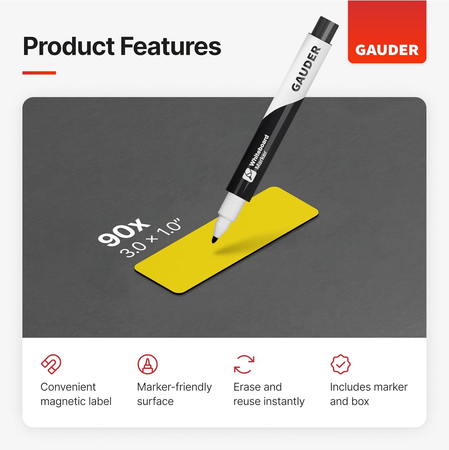 GAUDER Magnetic Dry Erase Labels | 90x Magnetic Labels (3 Inches x 1 Inch) | Dry Erase Magnets for Classroom, Whiteboard and Blackboard