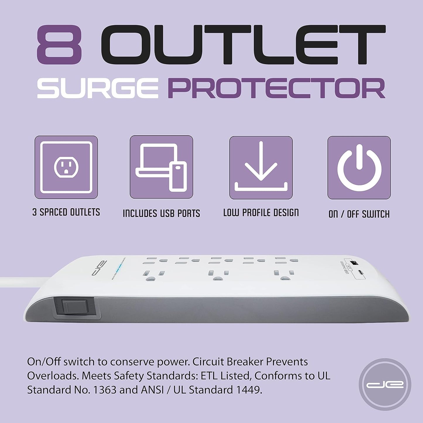 Digital Energy 25 FT USB-C and USB-A 8 Outlet 4200 Joules Surge Protector Power Strip, 3 Wide Spaced Outlets, White