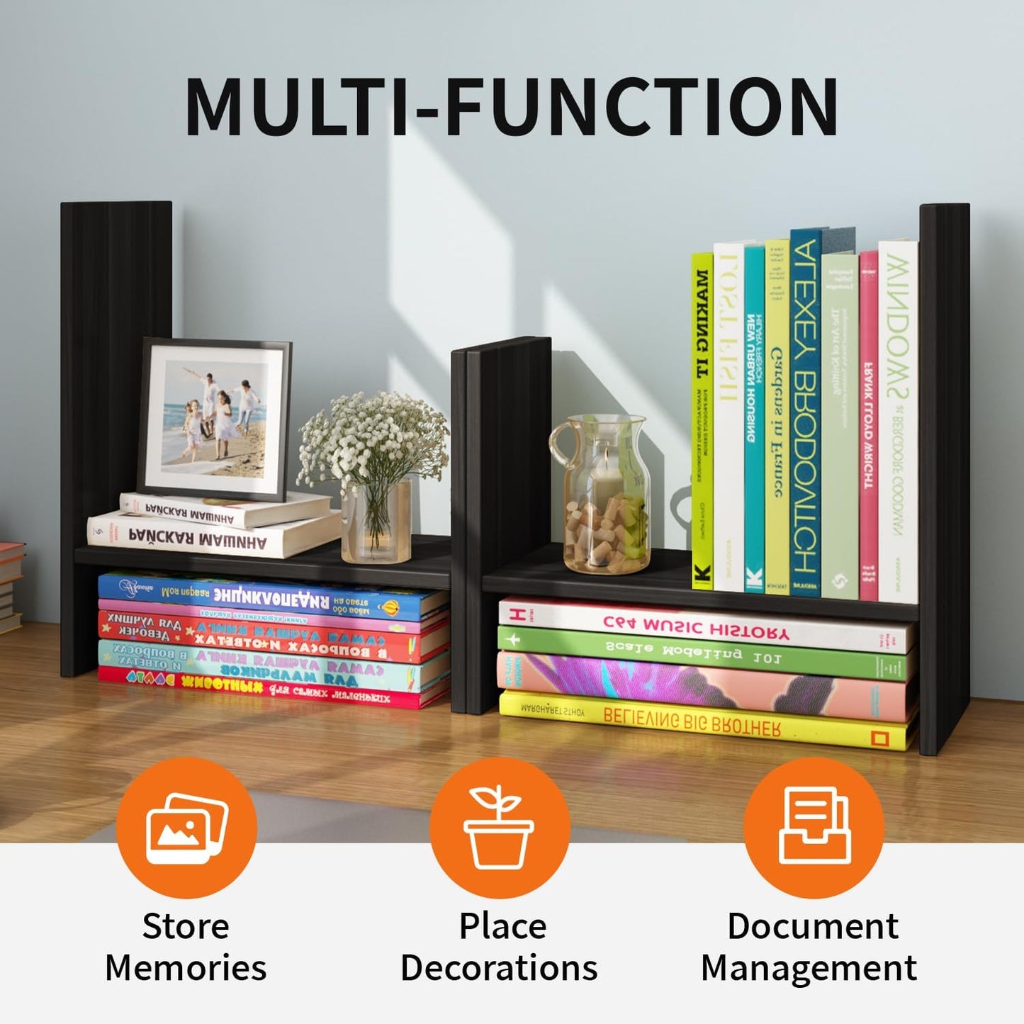 YSJILIDE Wood Adjustable Small Desktop Bookshelf, Expandable Storage Rack, Display Shelf, Office Supplies Organizer (Black)