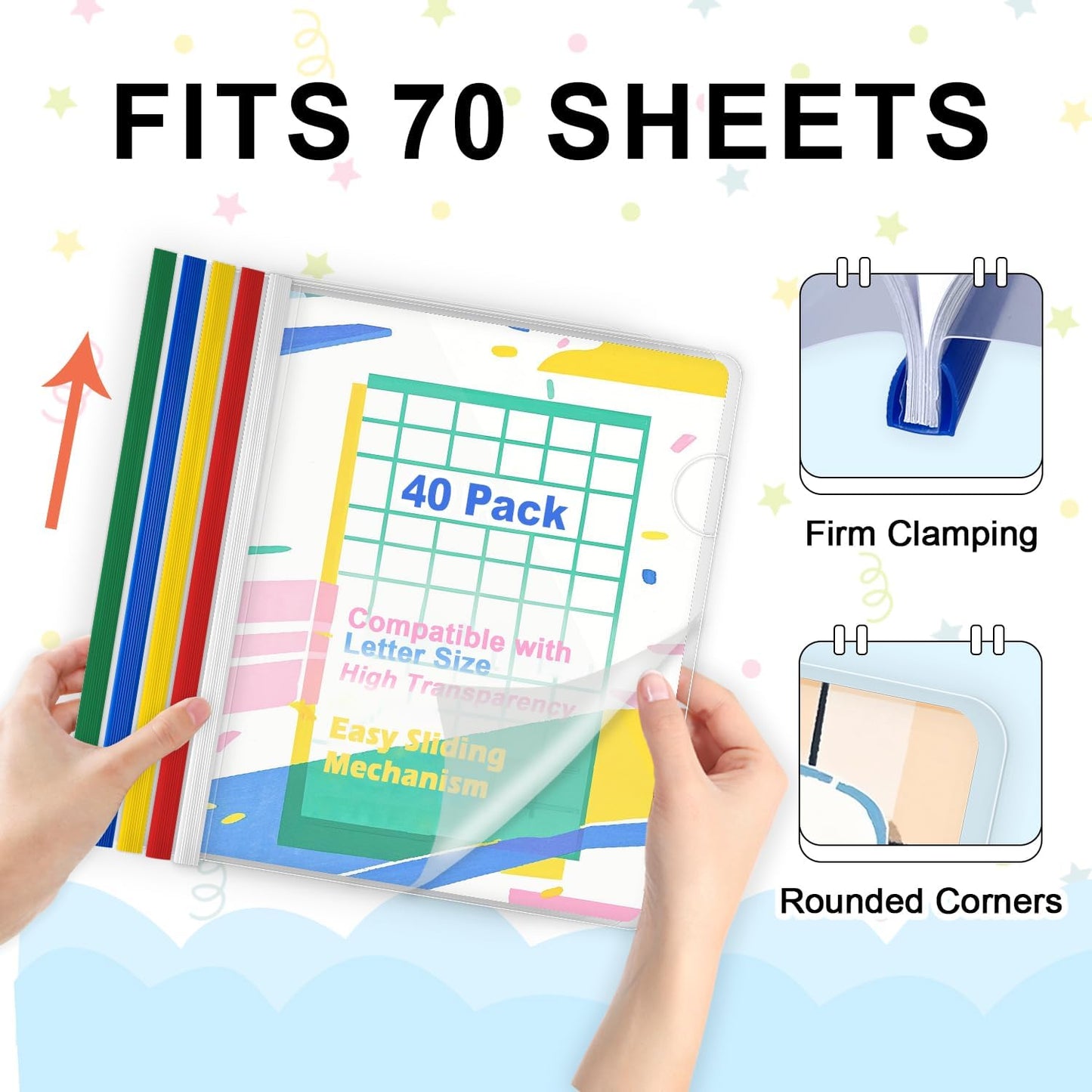 TOTiyea 40 Pack Clear Report Covers with Sliding Bars, 9mm (70 Sheet Capacity) Colorful Sliding Bar File Folders, for Letter Size