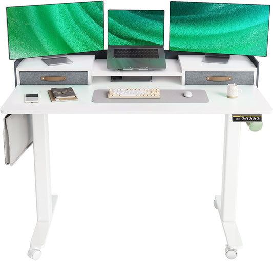 YDN Standing Desk with Drawers, 55 Inch Standing Desk Adjustable Height, Adjustable Electric Stand Up Sit Stand Small Desks with Storage and Shelf, White