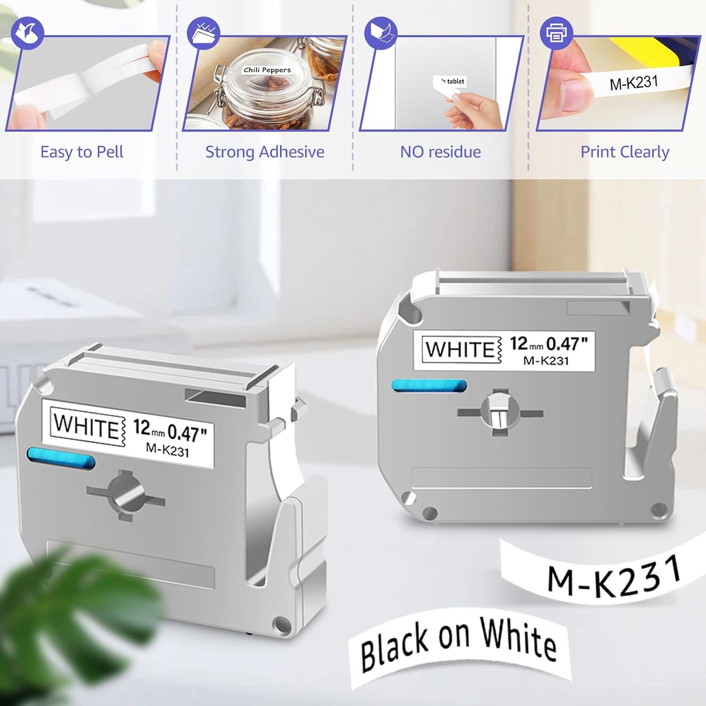 NineLeaf 4 Pack Compatible for Brother P-Touch M Tape M-K231 M-K231S MK231 M231 12mm 0.47'' Black on White Label Tape for PT-70BBVP PT-70BMH PT-70HK PT-70HOL PT-70HOT Label Maker