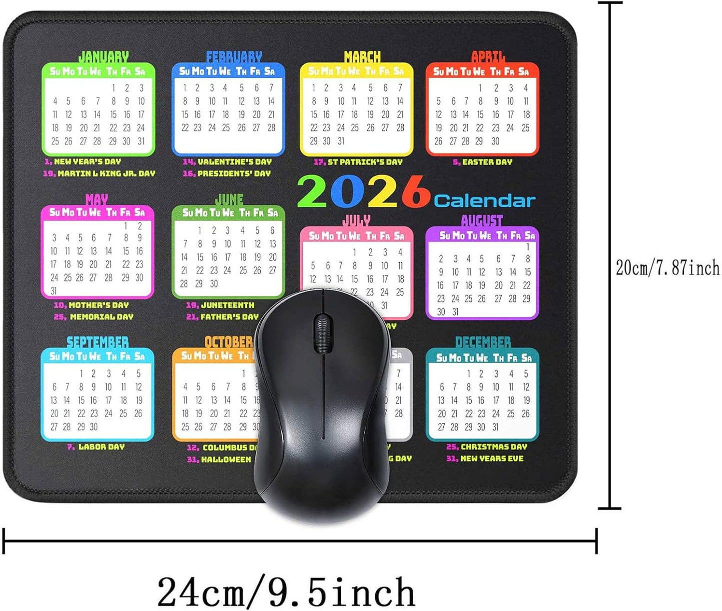 Calendar Mouse Pad 9.5 X 7.8 in, Mouse Pads with Stitched Edges and Non-Slip Rubber Base, Home Office Desk Decor Accessories for Computer Laptop Work Gaming (White 2026 with Holidays)