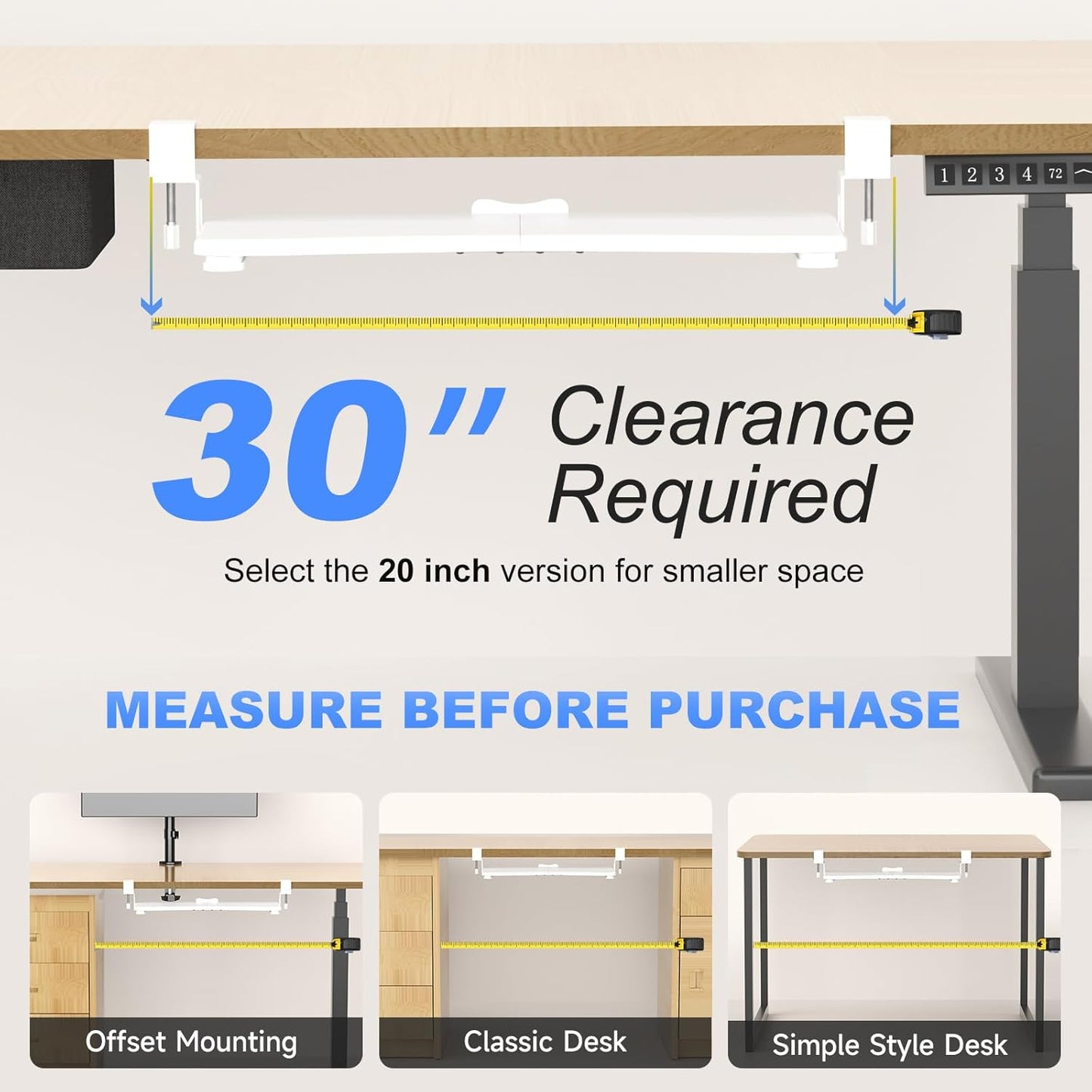 suptek Keyboard Tray Under Desk Pull Out with C Clamp Mount, Computer Keyboard & Mouse Tray, 25.6 (30 Including Clamps) x 11.8 inch Slide-Out Platform Computer Drawer for Typing, White, DSF1W