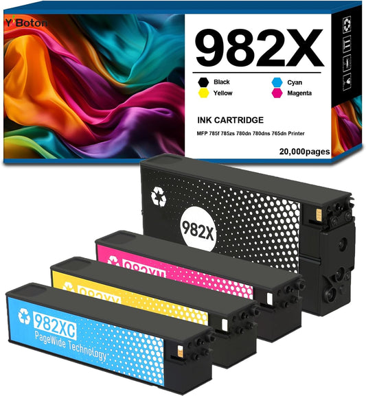 High Yield 982X Ink Cartridge with Chip T0B26A T0B27A T0B28A T0B29A Compatible for HP MFP 785f 785zs 780dn 780dns 765dn Printer Ink(4-Pack Black Cyan Magenta Yellow)