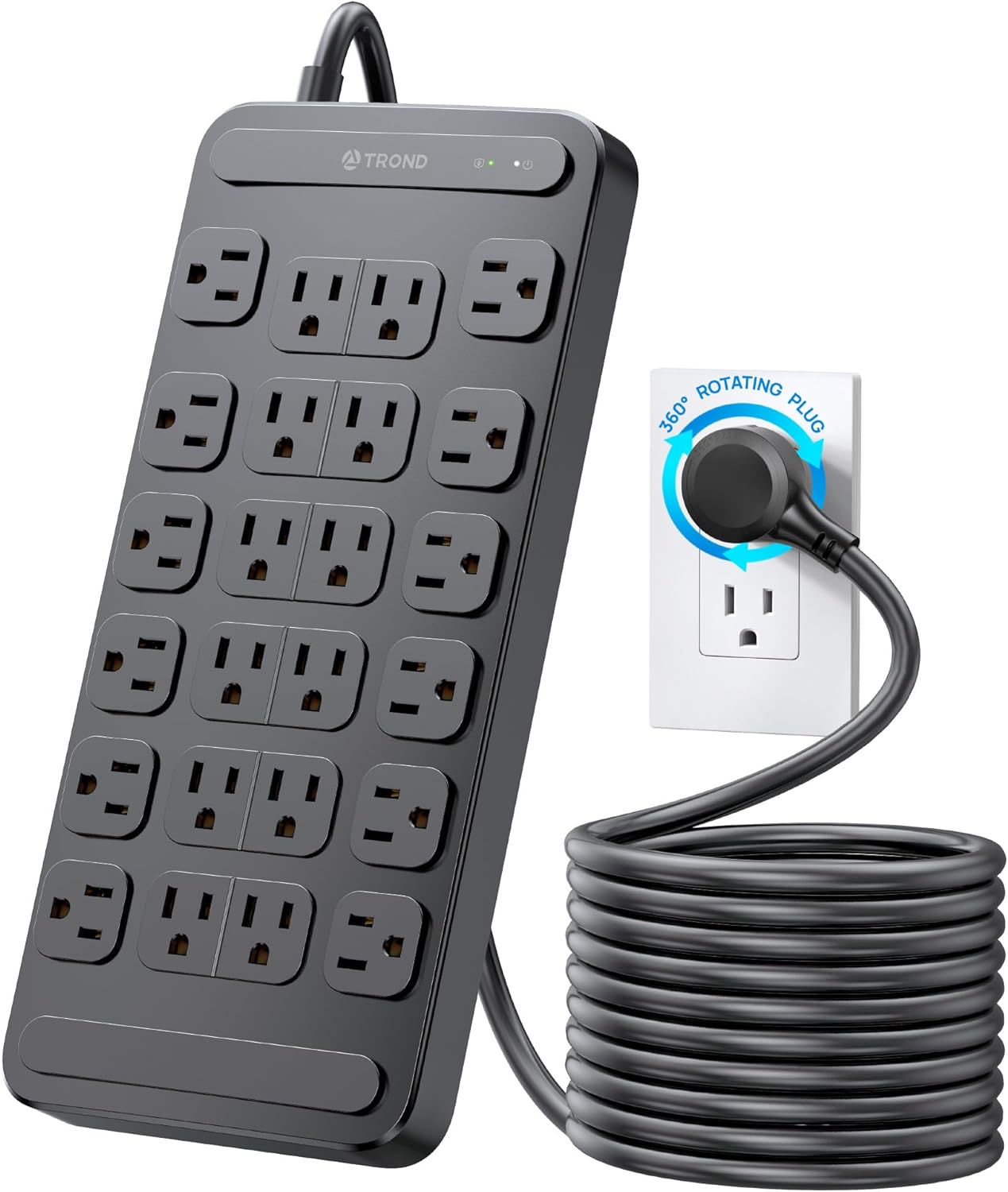 TROND Surge Protector Power Strip 360° Rotating Flat Plug, 24 AC Outlets, 4000 Joules, 15ft Heavy Duty Extension Cord 1875W, ETL Listed, Ideal for Gaming Office Home Dorm Room Essentials Black