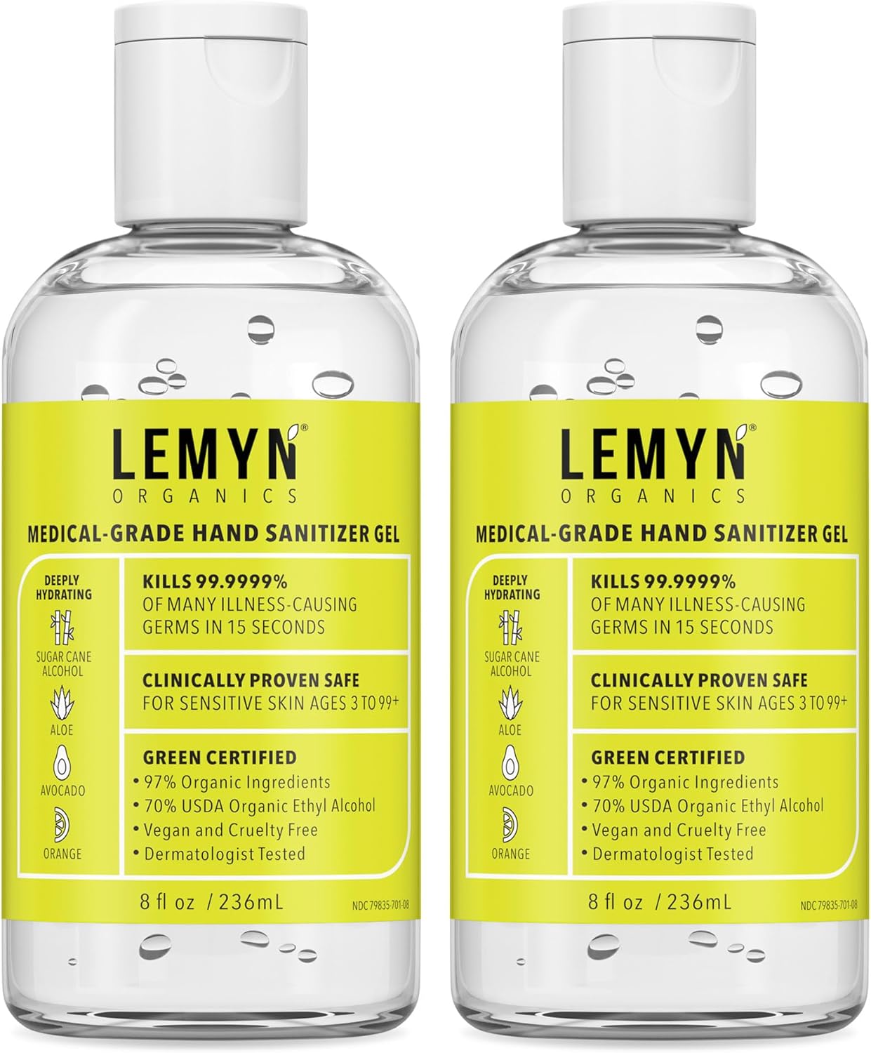 Medical Grade Hand Sanitizer Gel - 97% ORGANIC - 8 FL.OZ. Flip-Top (PACK OF 2)