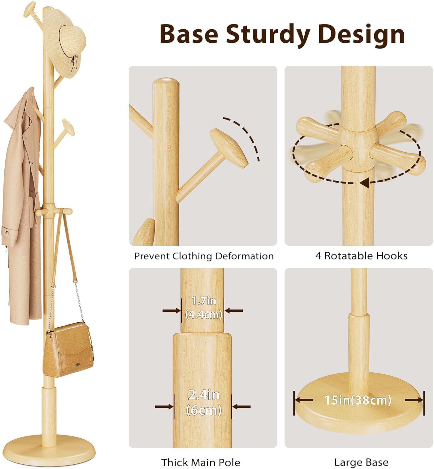 Solid Wood Coat Rack Freestanding Coat Tree with 10 Hooks for Bedroom, Livingroom, Entryway, Sturdy Coat Hanger Stand for Hats, Coats, Scarves, Handbags, Purses