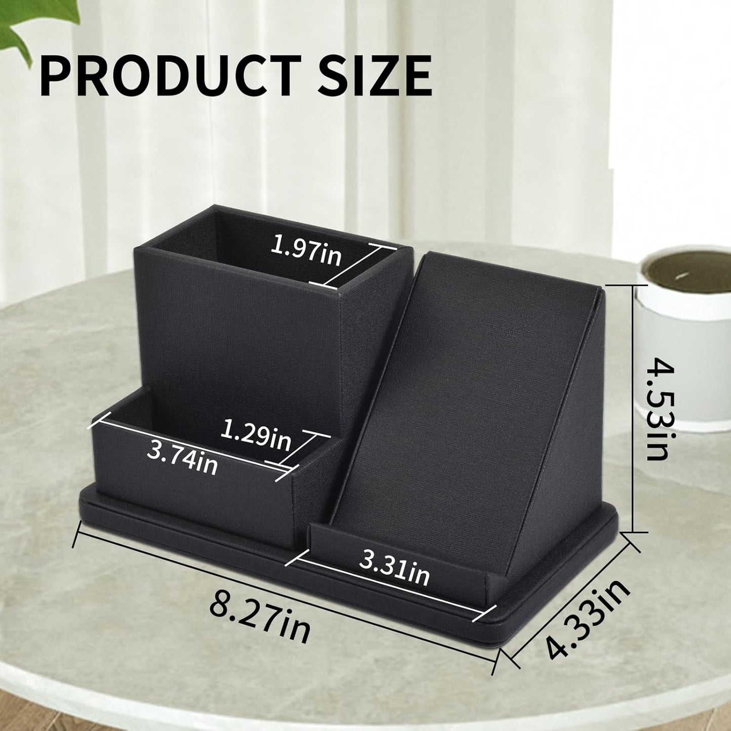 Pu Leather Desk Pen/Pencil Organizer Multi-Function Cell Phone/Remote Control Storage Box with 3 Compartments Office Supplies Sticky Note Tray Business Cards Holder,Black