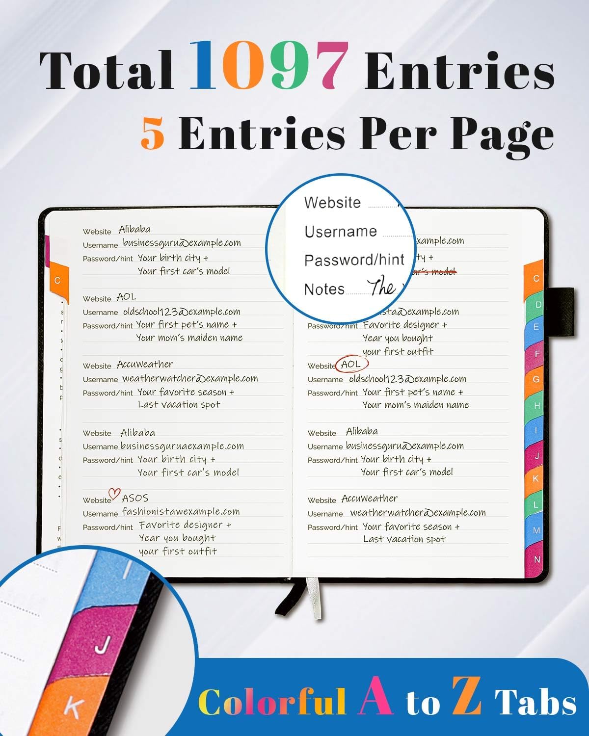Password Keeper Book with Colorful Alphabetical Tabs, Hardcover Password Log-book for Internet Password and Website Address, 5.8"×8.4" Password Notebook for Home Office (Black)