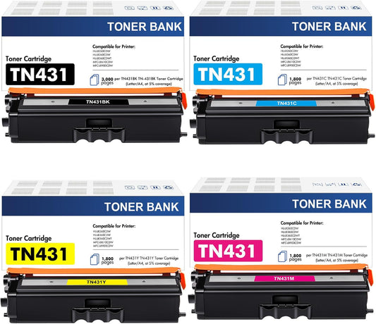 TN-431 TN431 4-Color Toner Cartridge Set 4 Pack Compatible for Brother TN431 TN 431 TN-431 TN431BK for Brother MFC-L8900CDW HLL8360CDW HLL8260CDW MFCL8610CDW HLL8360CDWT Printer Ink (BCYM)