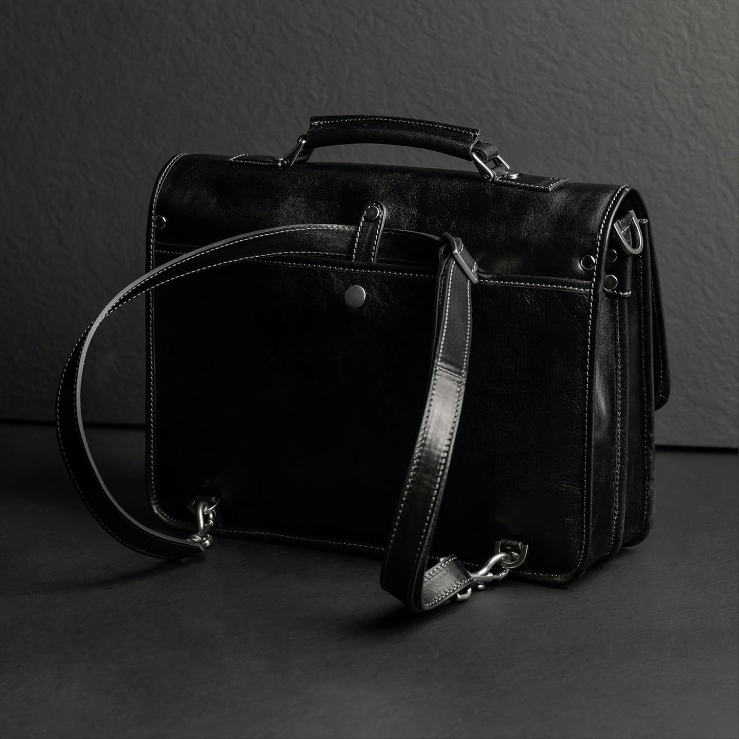 Time Resistance Leather Briefcase – Italian Handmade Leather Laptop Bag – Briefcase Convertible into Backpack