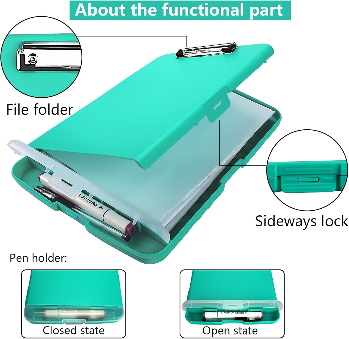 Clipboard with Storage, A4 Binder Nursing Clipboards with Pen Holder, Heavy Duty Storage Clipboard with Low Profile Clip, Clipboards Folder Side-Opening, Smooth Writing Clip Board (Mint Green)