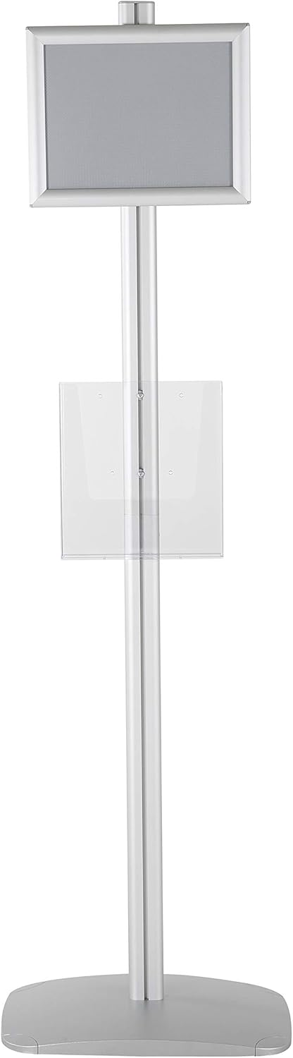M&T Displays Free Standing Aluminum Display Stand Single Sided Document Brochure Sign Holder Front Loading Portrait Landscape Silver Snap Frame 1x(8.5x11) and Clear Acrylic Pocket 1x(8.5x11) Inch