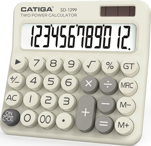 CATIGA Mechanical Switch Calculator with Solar and Battery Dual Power, 12-Digit Large LCD Display, Aesthetic and Cute Desktop Calculator with Big Button, for Home, School and Office Use, SD-1299