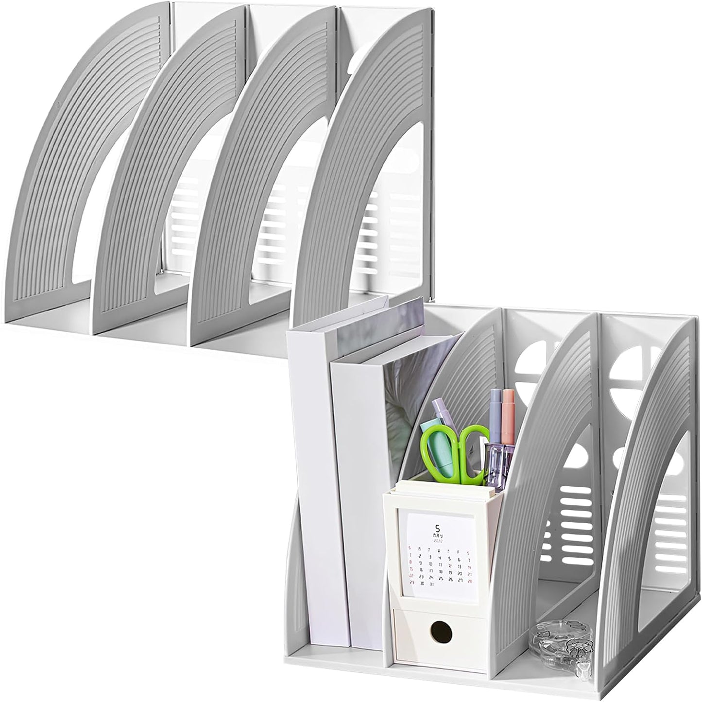 SAYEEC Magazine File Holder Folder Storage Desktop Standing Hollow File Bookshelf Organizer Office Racks Displays Holds Notebooks Documents (3 Compartments - Light Grey x 2)