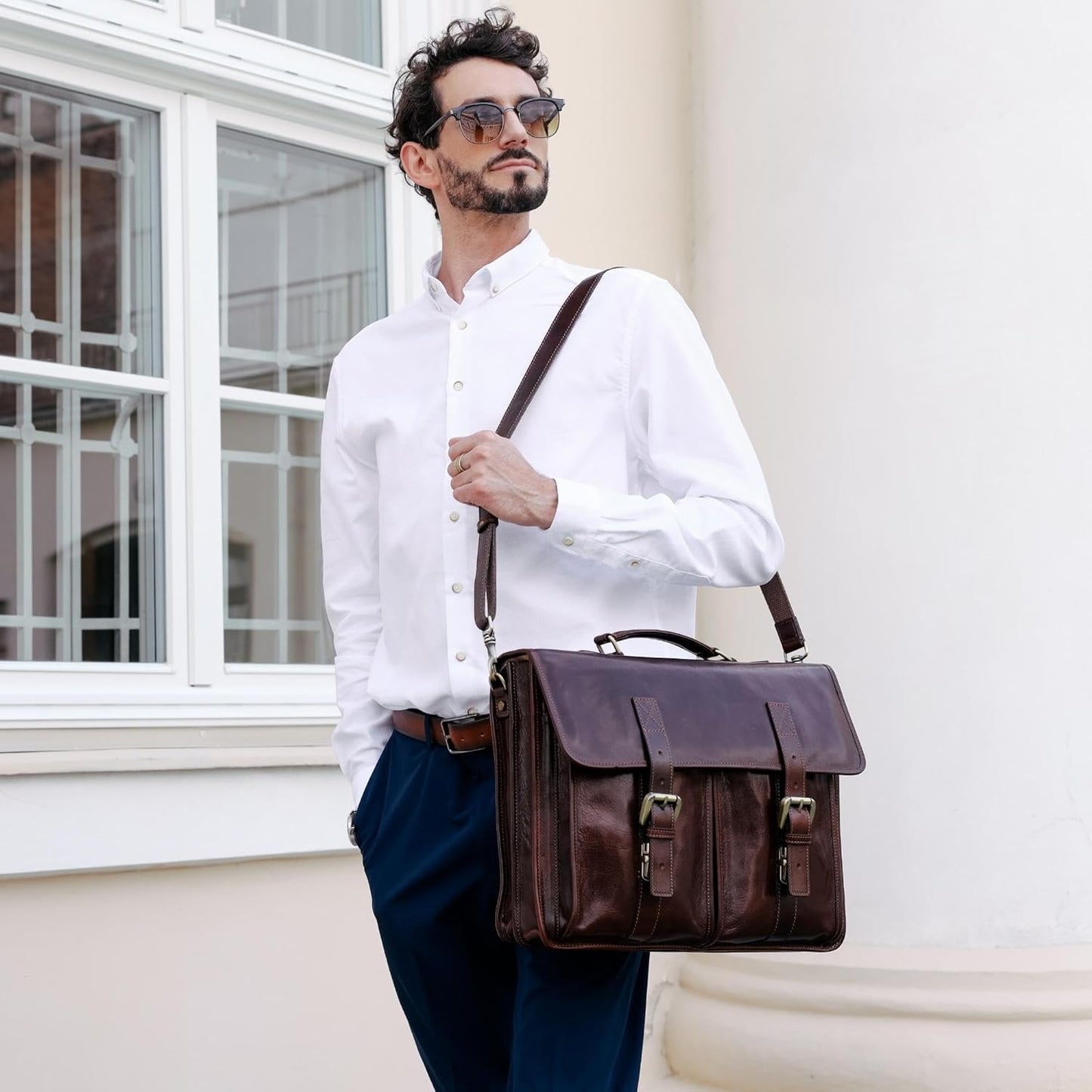 Time Resistance Leather Briefcase for Men Handcrafted in Italy Full Grain Messenger Bag for Laptop