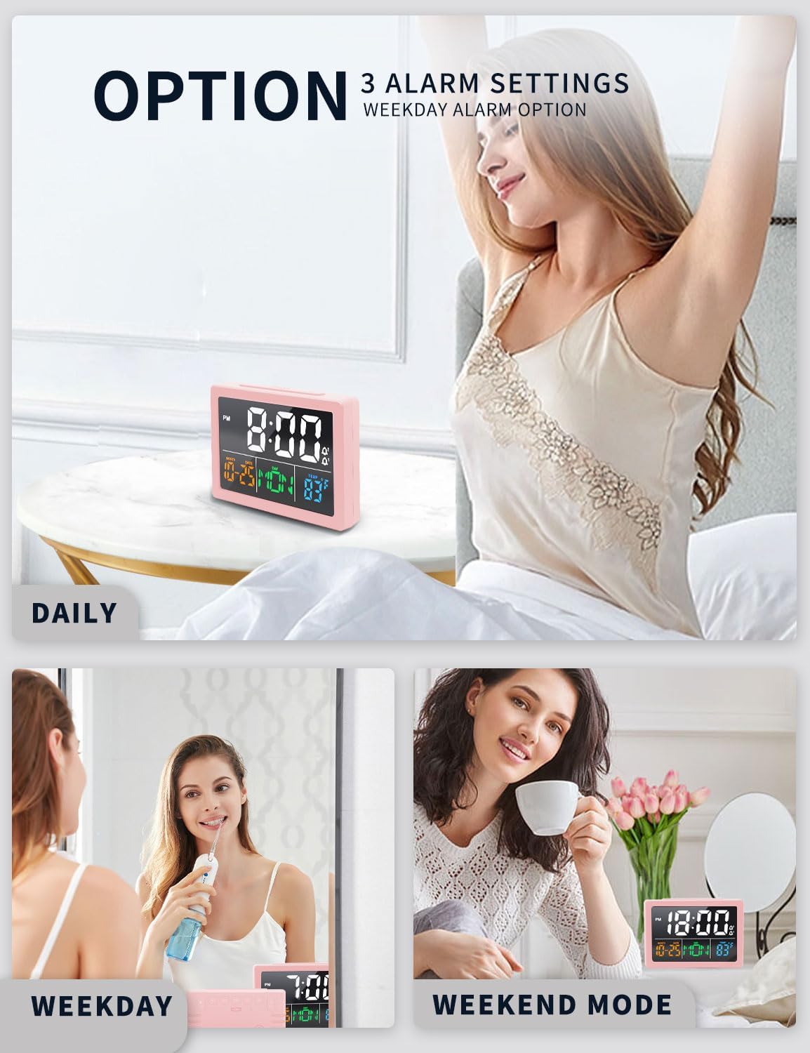 Digital Alarm Clock, with 5.5" Large LED Time Display, Adjustable Alarm Volume, 6 Level Brightness, Alarm Settings, USB Charger, Temperature Detect, Snooze, Clocks for Bedroom, Bedside, Desk, Pink