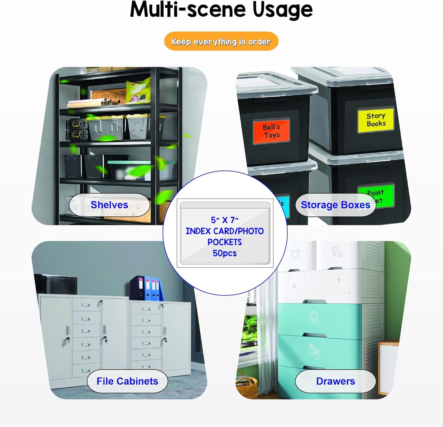 Clear Adhesive 5" x 7" Index Card Pockets with Top Open for Loading, 50 Pack, Plastic Labels Holders for Storage Bins and Library Card, Organizing and Protecting Your Index Cards or Photos