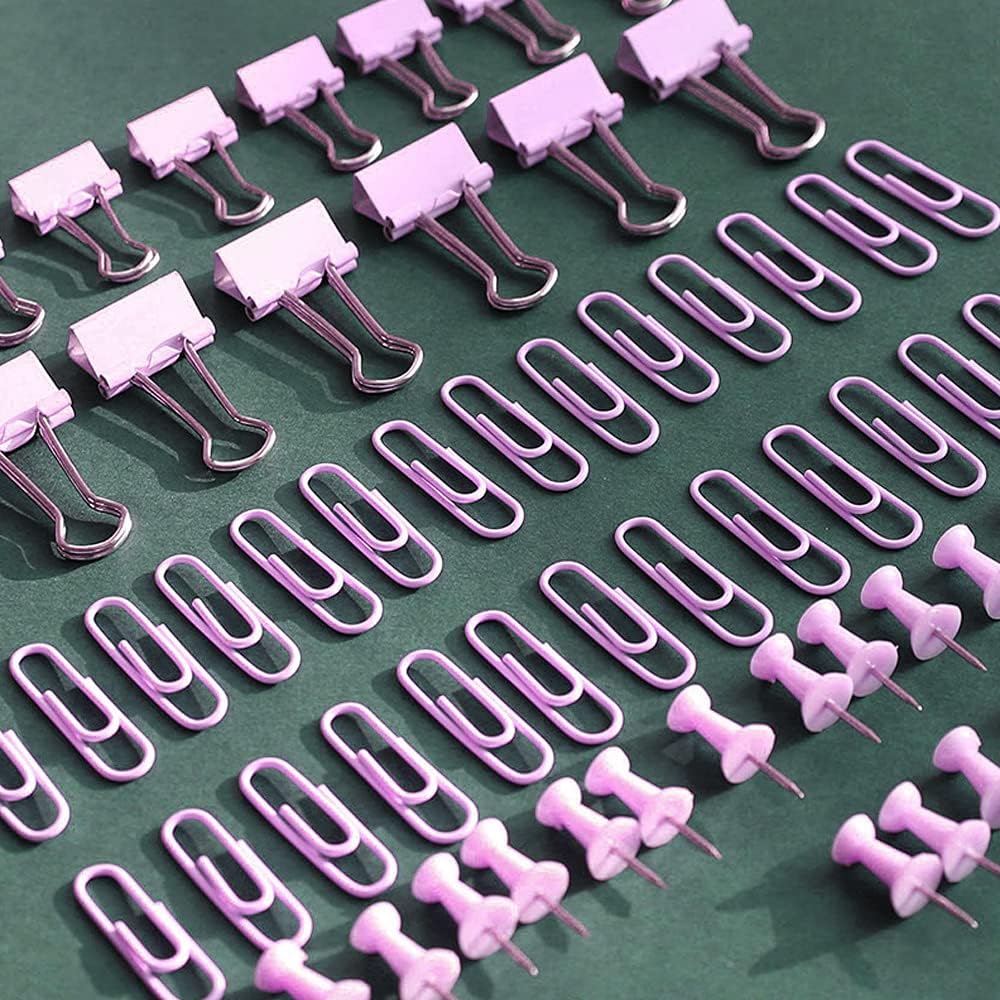 Purple Paper Clips and Binder Clips Set, 216 pcs, Metal Assorted Sized Binders with Push Pins, Cute Office Supplies for Desk, Durable Desk Accessories, 3 Pack