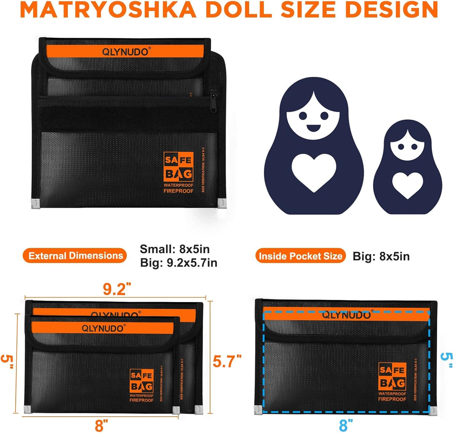 Portable Fireproof Money Envelopes for Cash and Document (8x5", Inside/External Size), 2-Pack Fireproof Money Bag with Waterproof Zipper, Large and Small Pouch Set, 3-Layers of Fireproof Material