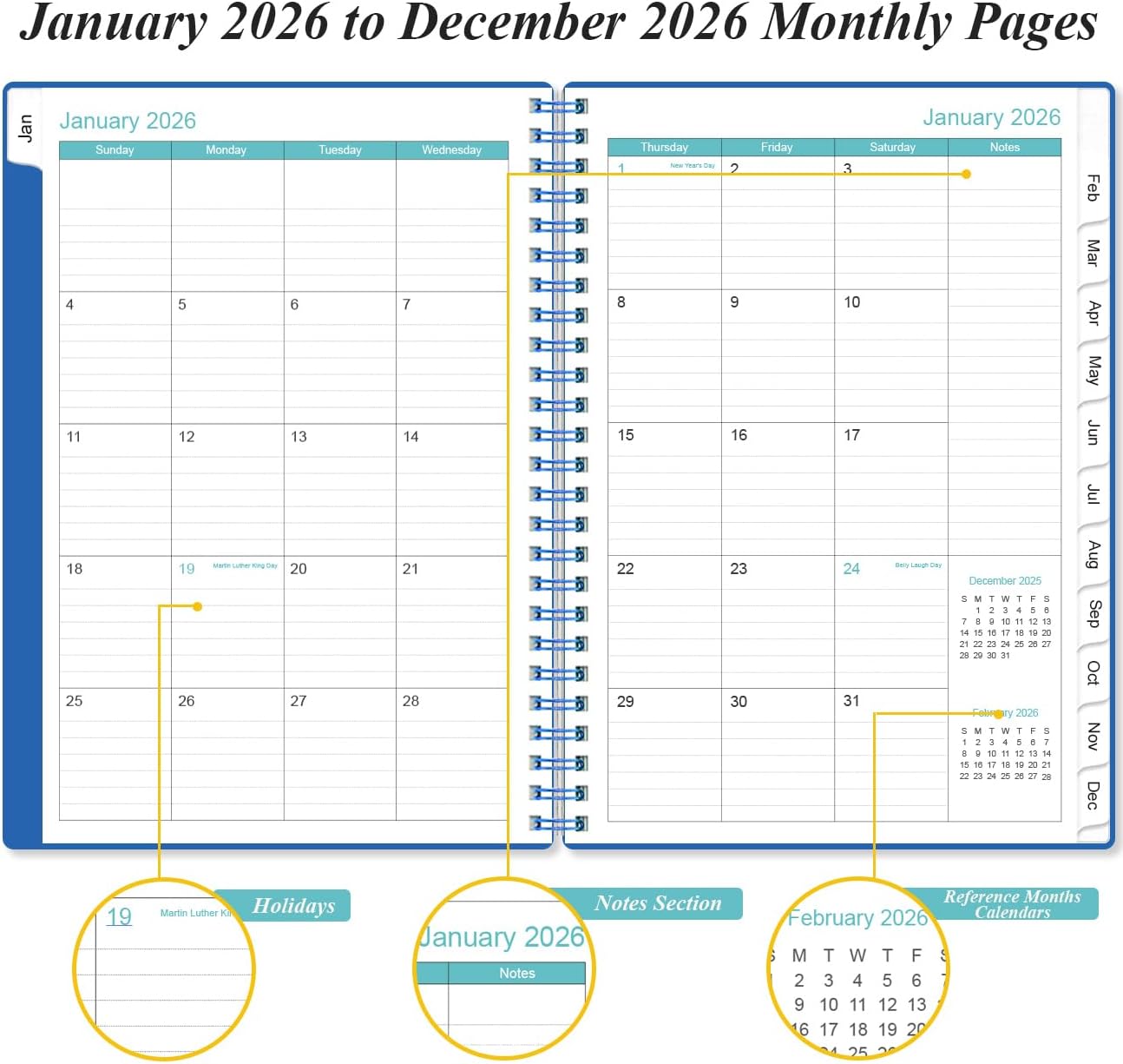 2026 Planner - Planner 2026 from January 2026 - December 2026, Weekly & Monthly Planner Spiral Bound with 12 Monthly Tabs, Inner Pocket, 6.4" x 8.5", Blue-E