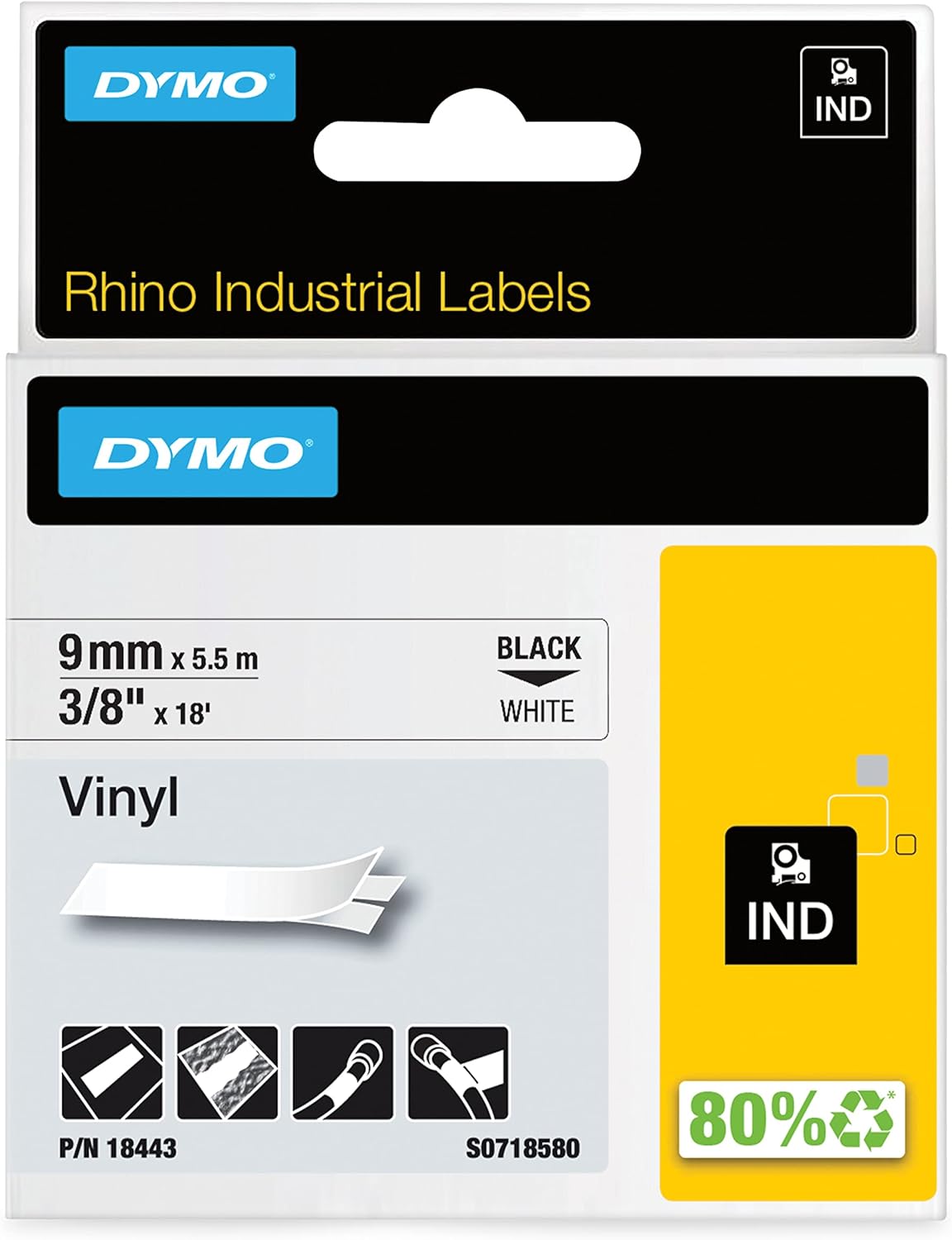 DYMO 18443 3/8" Vinyl Tape Rhino Labels - White, DYMO Authentic