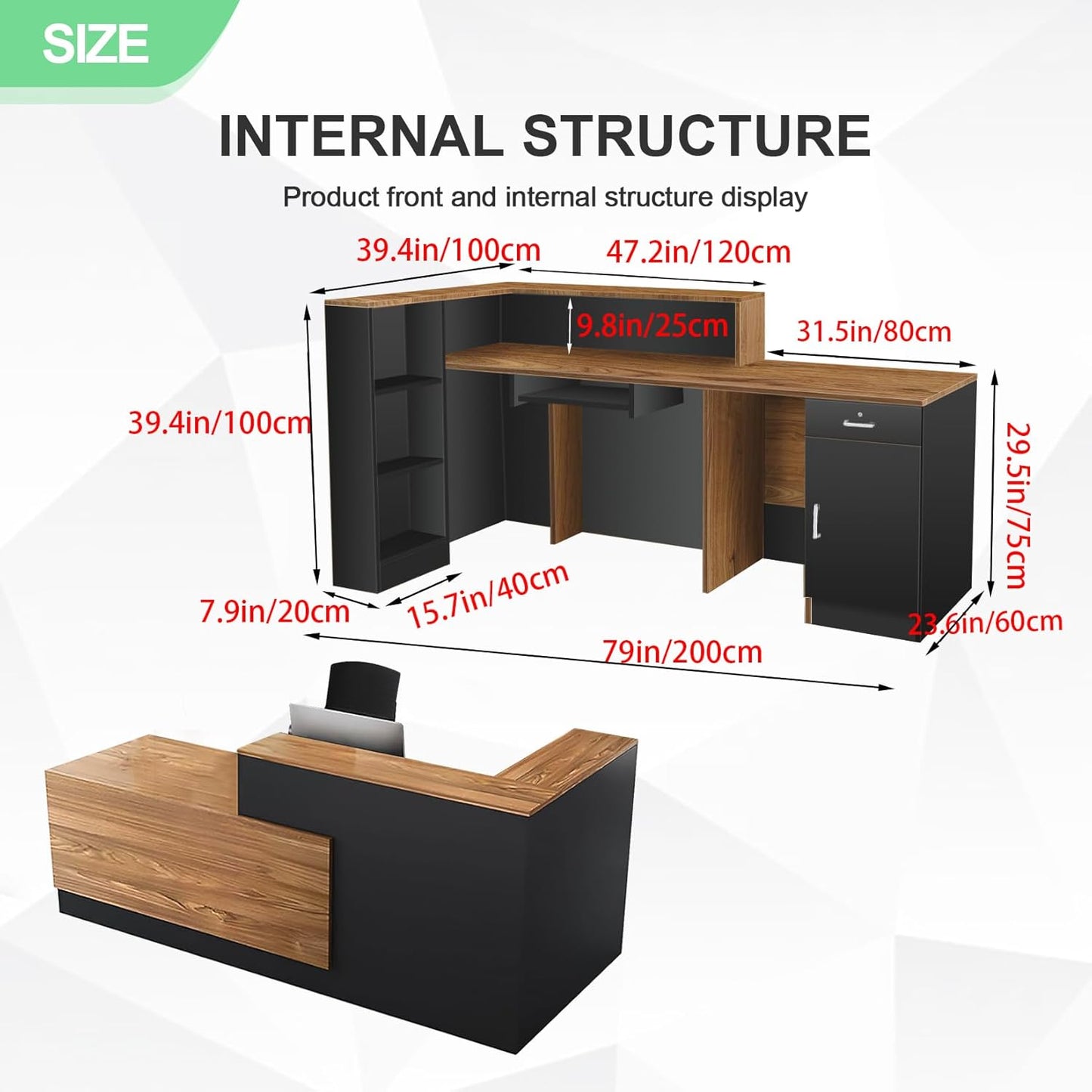 Modern Reception Desk with Counter and Drawer Office Front Desk with Cabinet Wooden Commercial Reception Table Checkout Counter for Retail Salon Lobby Black and Wood Right 79inch/200cm