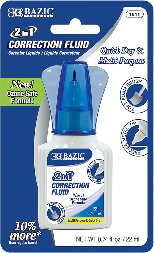 BAZIC Correction Liquid 2 in 1 (0.74 oz / 22 ml), Foam Brush & Precise Metal Tip Applicator, Instant Corrections Pen White Out Fluid, 144-Packs