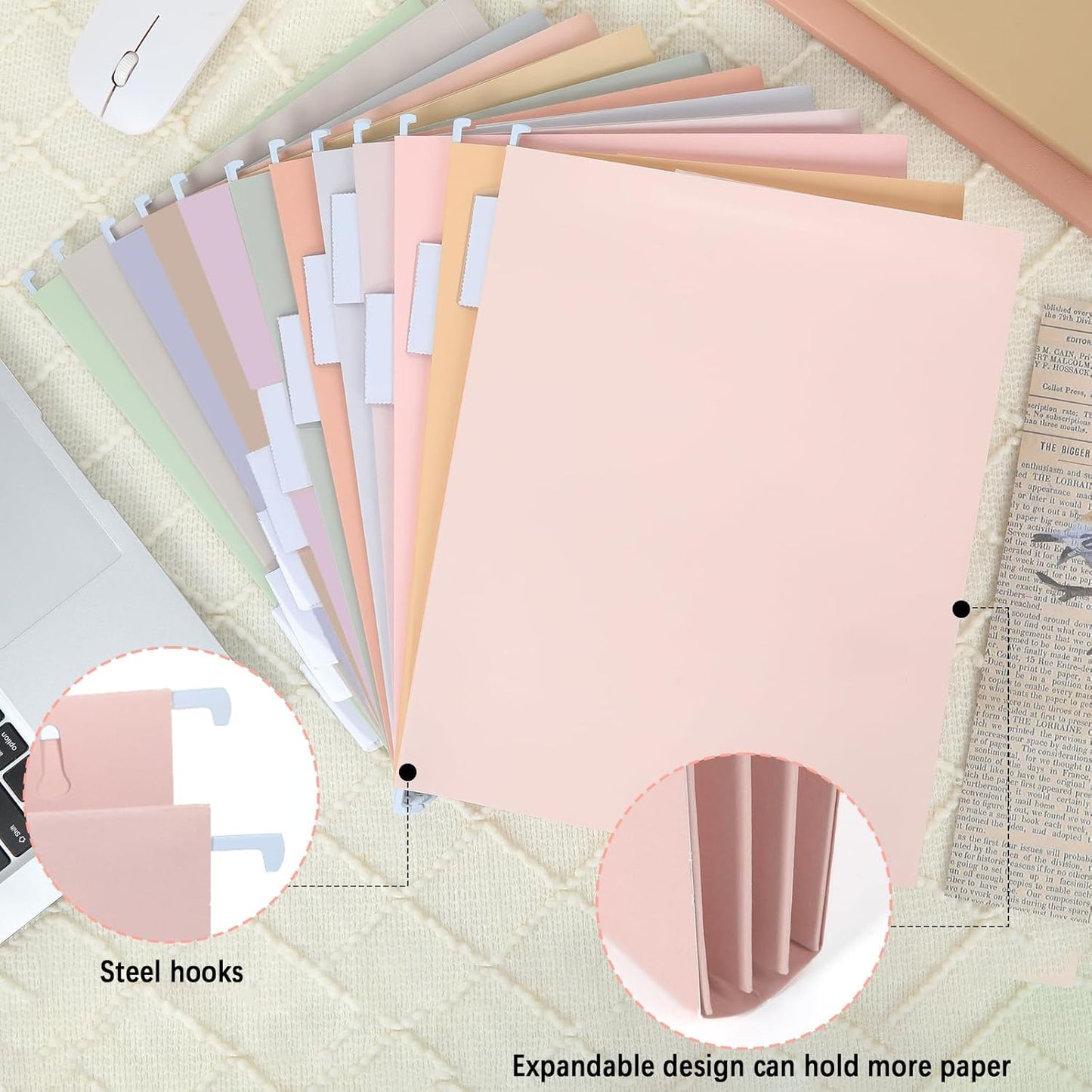 gisgfim 12 Pack Pastel Expanding Hanging File Folders Letter Size Insertable 1/5 Cut Tabs for Filing Cabinets Extra Capacity File Folders Hanging Organizer for Desk Home Office School