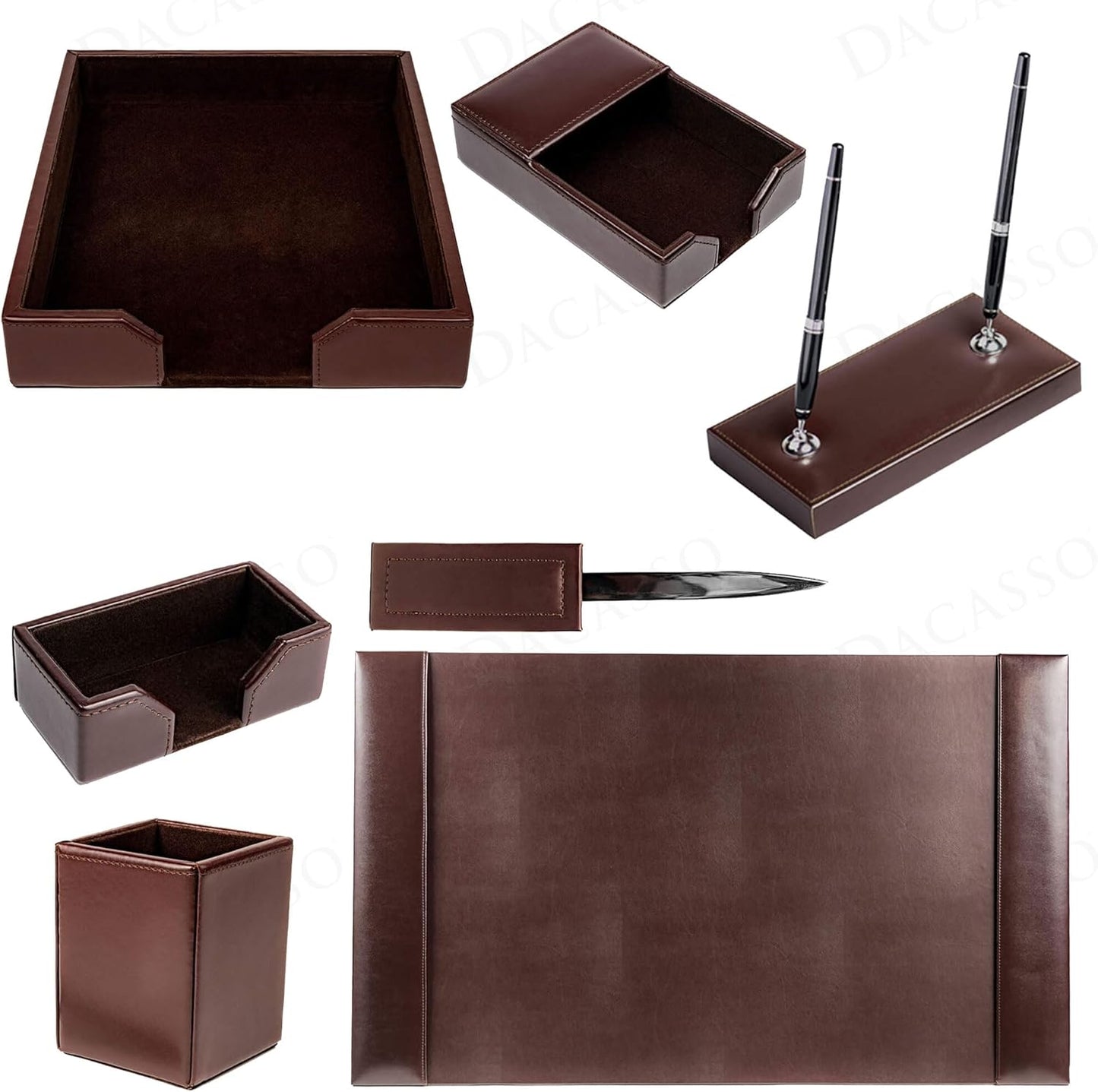 Dacasso Dark Brown Bonded Leather Luxury 7-Piece Desk Set - Blotter Pad & Desk Organization Essentials - Executive Decor and Surface Protector