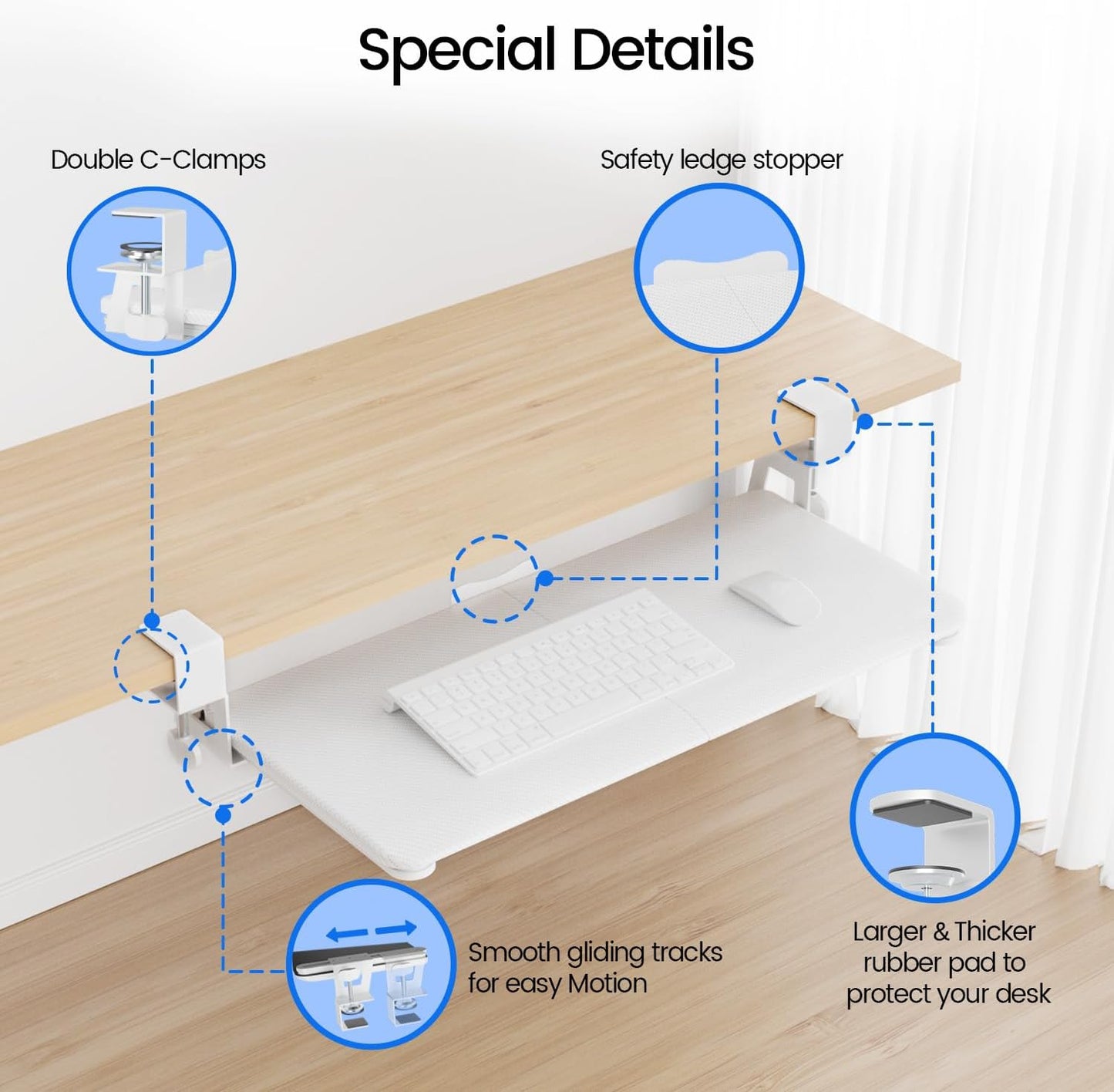 Large Keyboard Tray Under Desk Slide Out with Extra Sturdy C Clamp Mount System,26'' (30'' including Clamps) x11 Slide-Out Keyboard Drawer Under Desk for Typing,Keyboard Mouse Tray,White