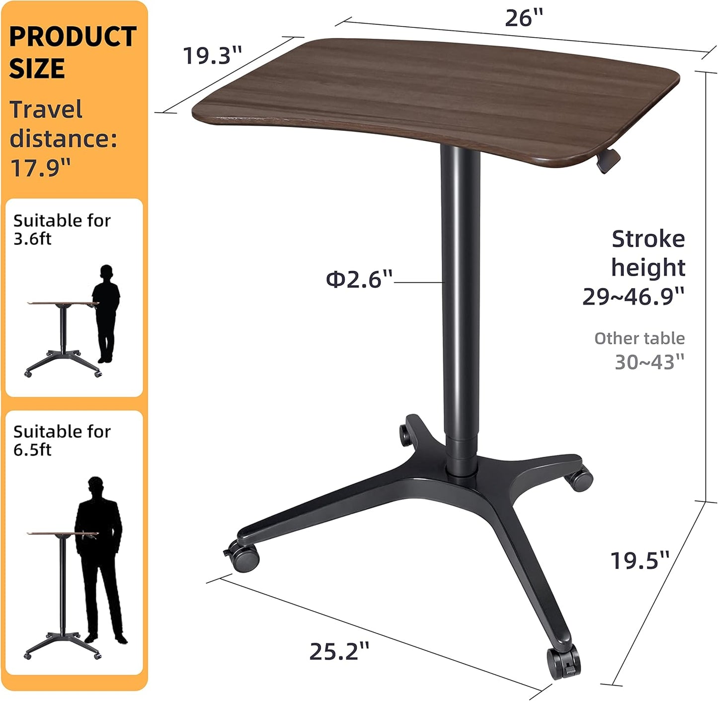 Pneumatic Adjustable Height Desk, Laptop Standing Desk, Rolling Sit-Stand Cart, Mobile Podium Portable Lectern for Home, Office& Classroom, 26" 19.3" Platform (29" to 46.9" H)，Brown