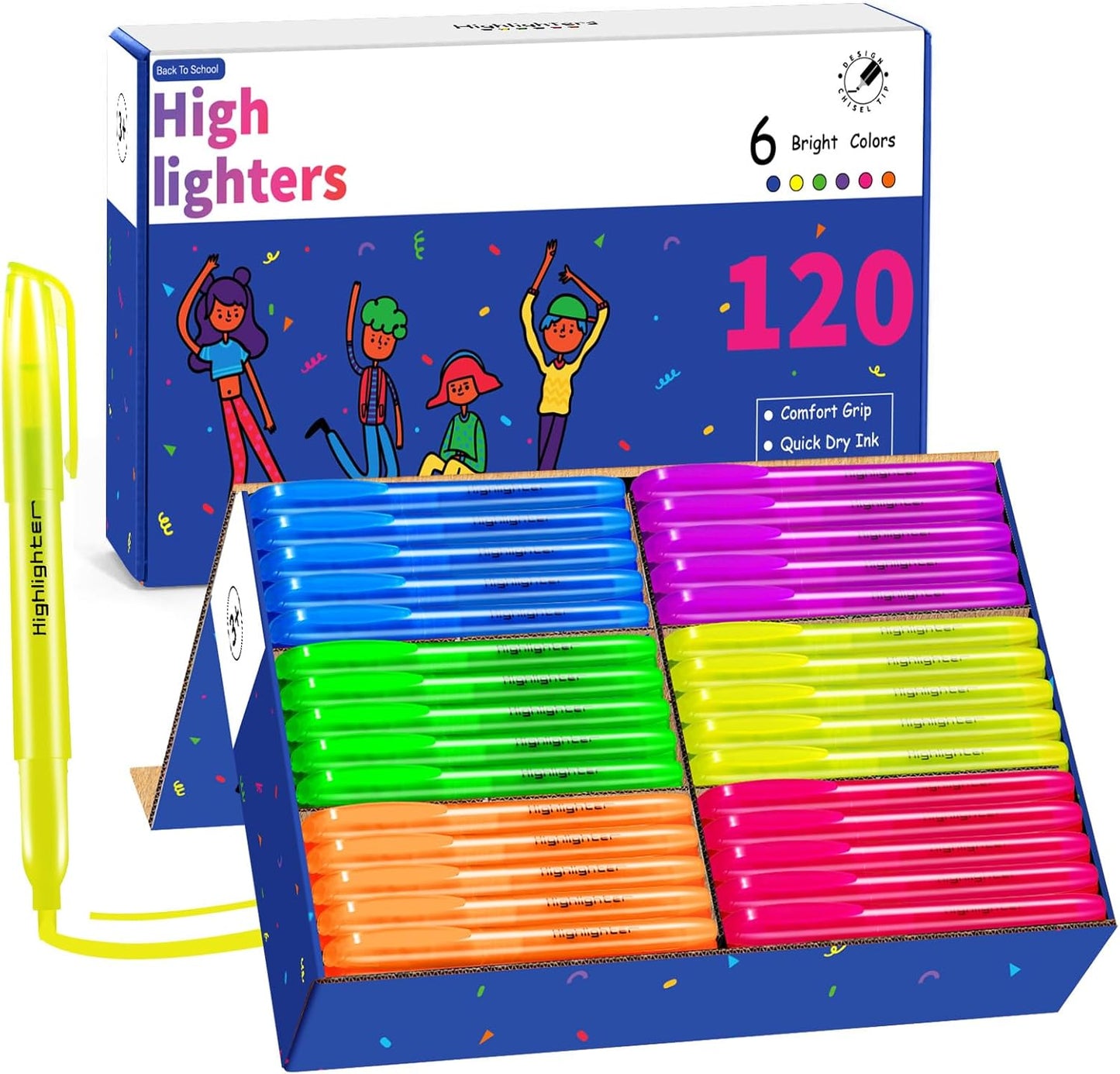 Highlighters Assorted Colors, 120 Pack Highlighters Bulk : No Bleed & Dry-Quickly, Highlighter Set : Chisel Tip & 6 Bright Colors, Highlighter Markers for school | college | office supplies