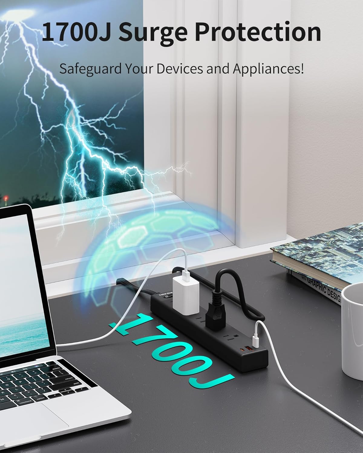 Flat Plug Power Strip, 15FT Ultra Thin Flat Extension Cord, Surge Protector with 5 Outlets & 3 USB Ports (2 USB C), 1700 Joules, 3-Prong, Wall Mount for Home Office Dorm, Black