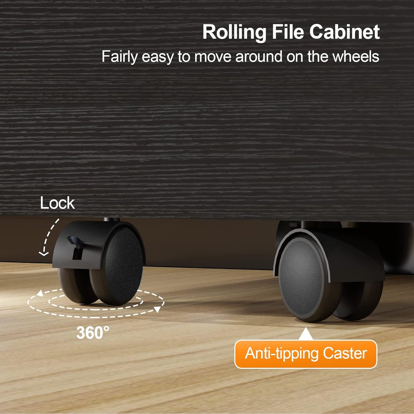 VINGLI 2-Drawer File Cabinet with Lock, Small Rolling Wood Filing Cabinet for Hanging Letter Size Filings with Tabs, Mobile Under Desk File Organizer for Home Office, Classic Black, 27.2" H